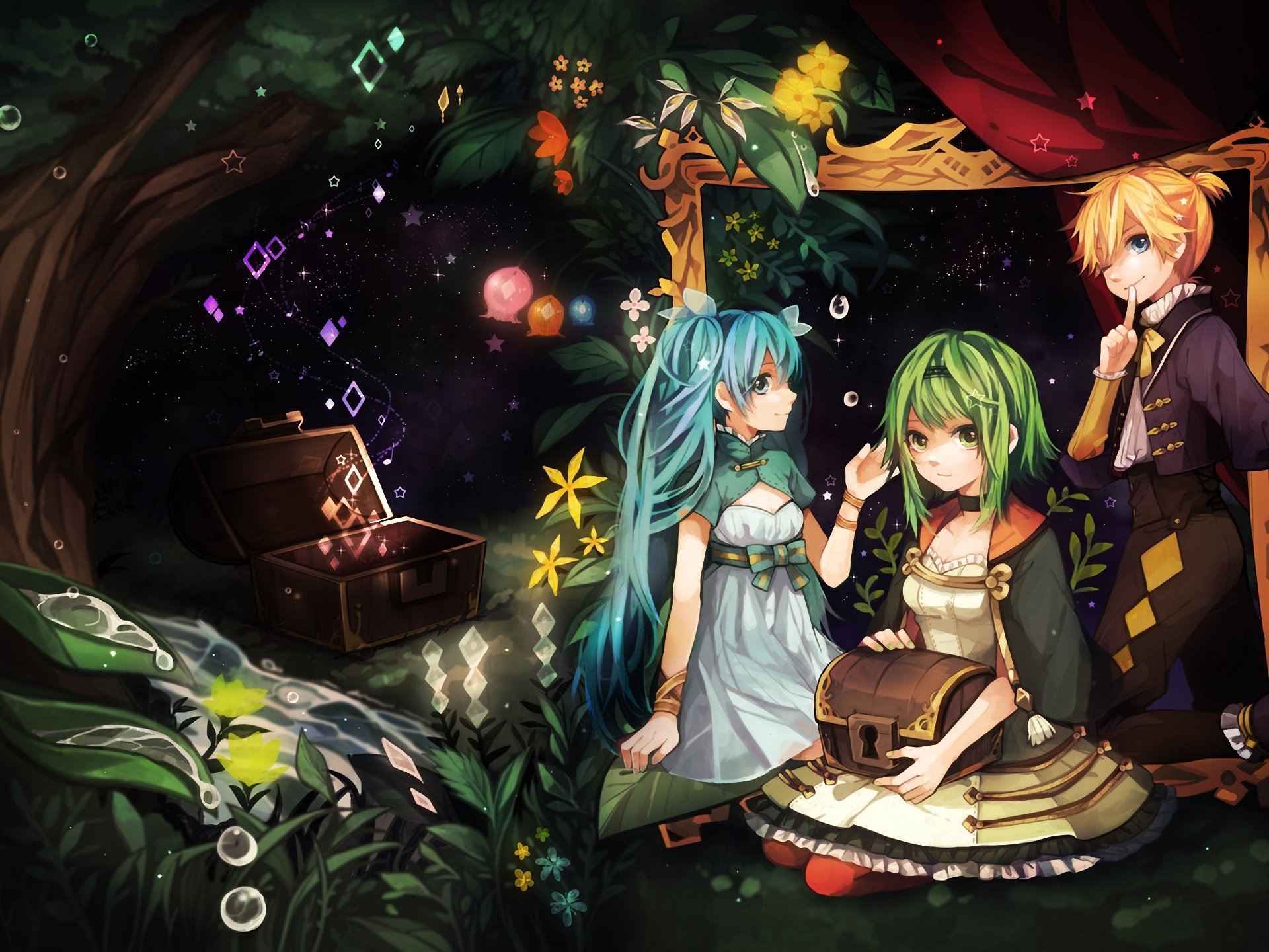 art tama vocaloid gumi hatsune miku kagamine len girls chest tree flower