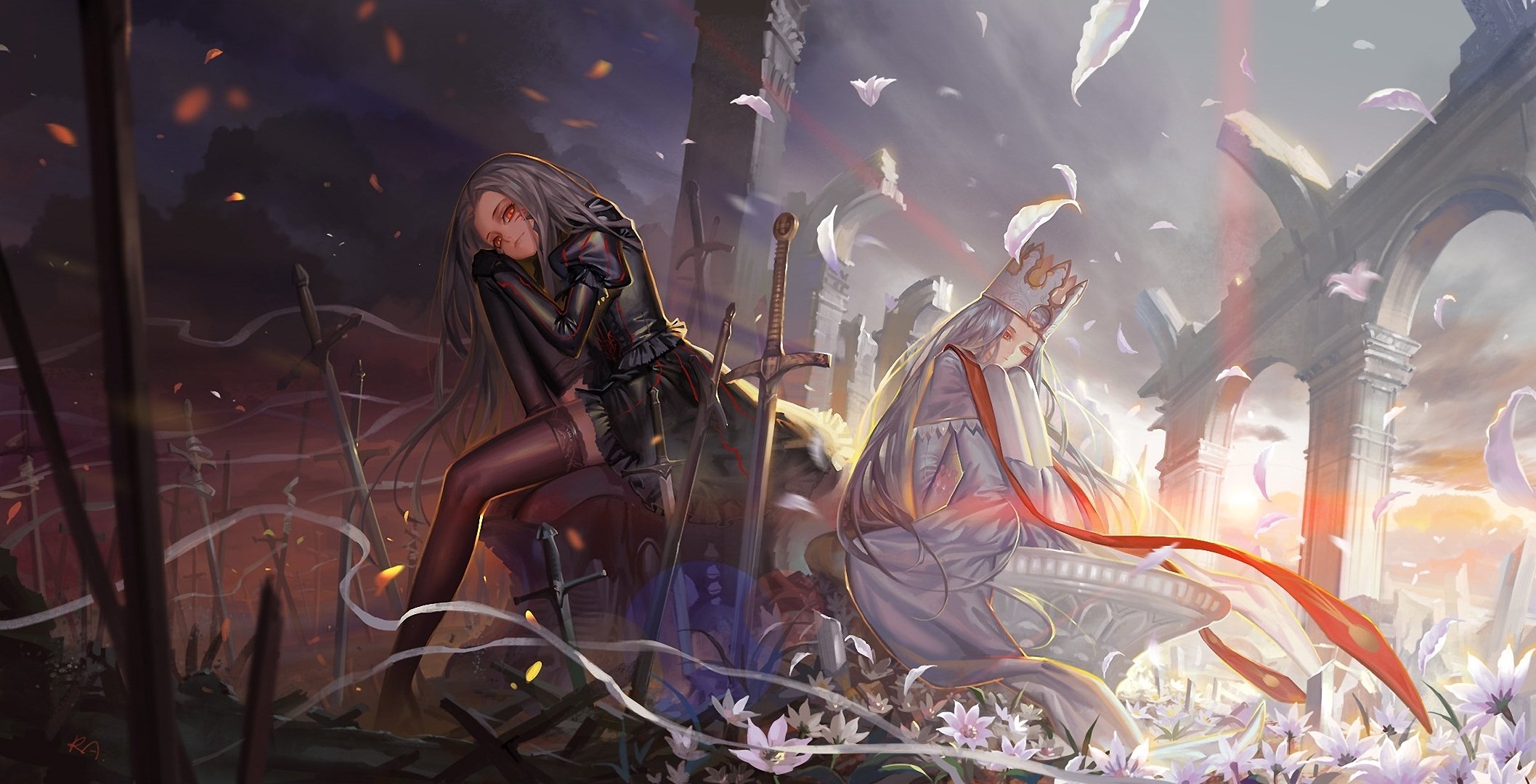 fate stay night fate zero ragazze campo di battaglia armi spada fiori petali corona archi rovine