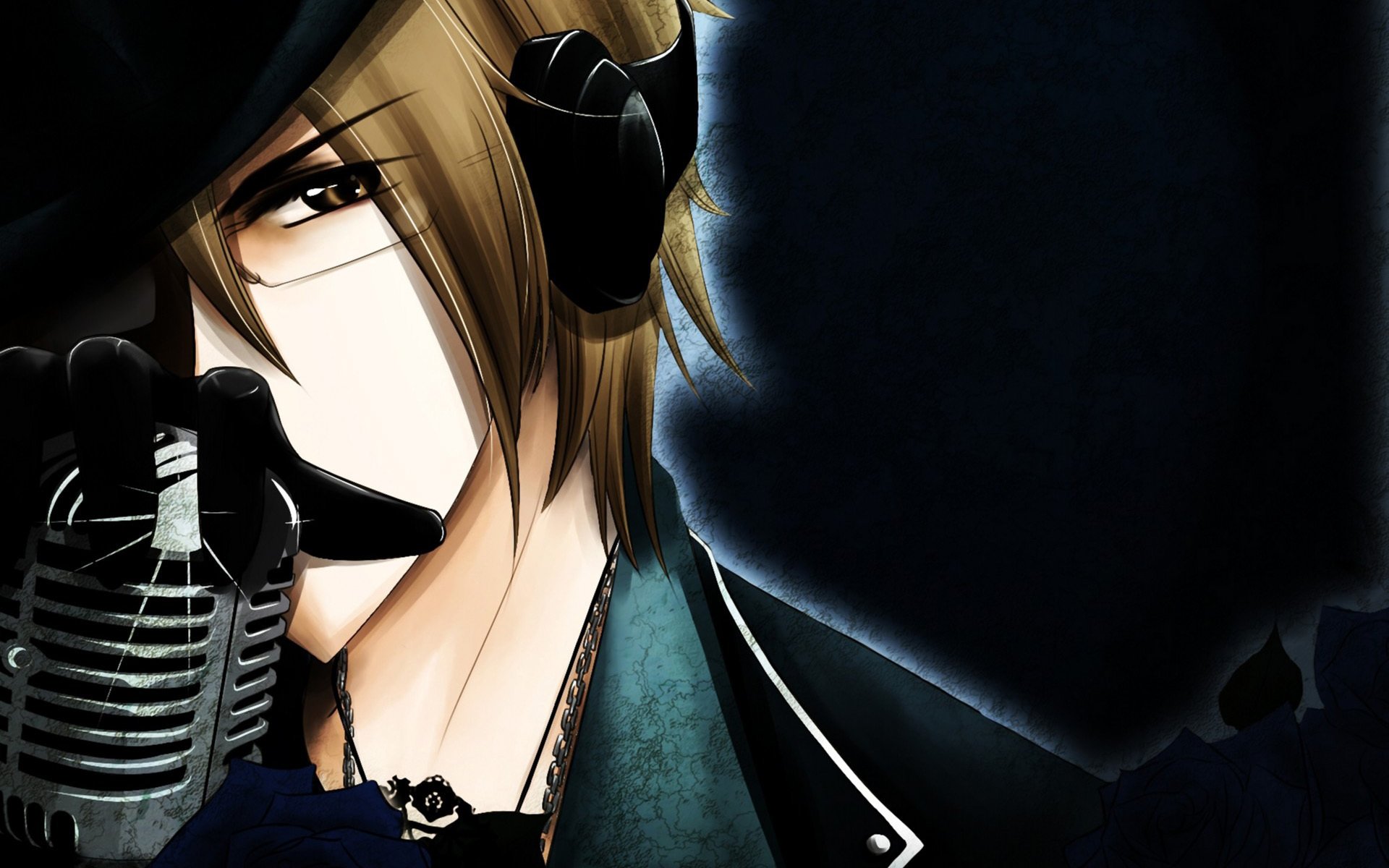 vocaloid vocaloid hiyama kiyoteru guy casque microphone fleurs fond sombre chapeau lunettes