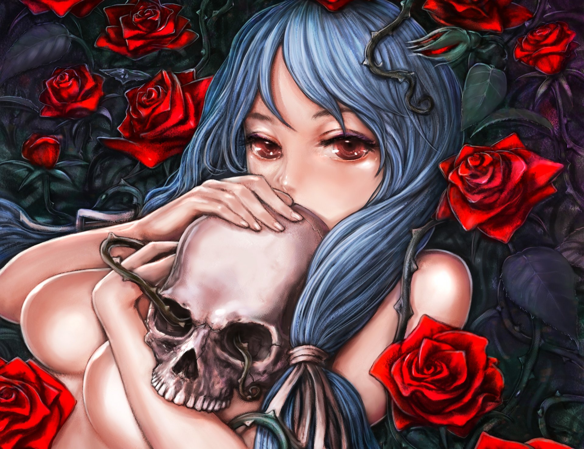 arte burunu pixiv ragazza rose spine cranio nudo