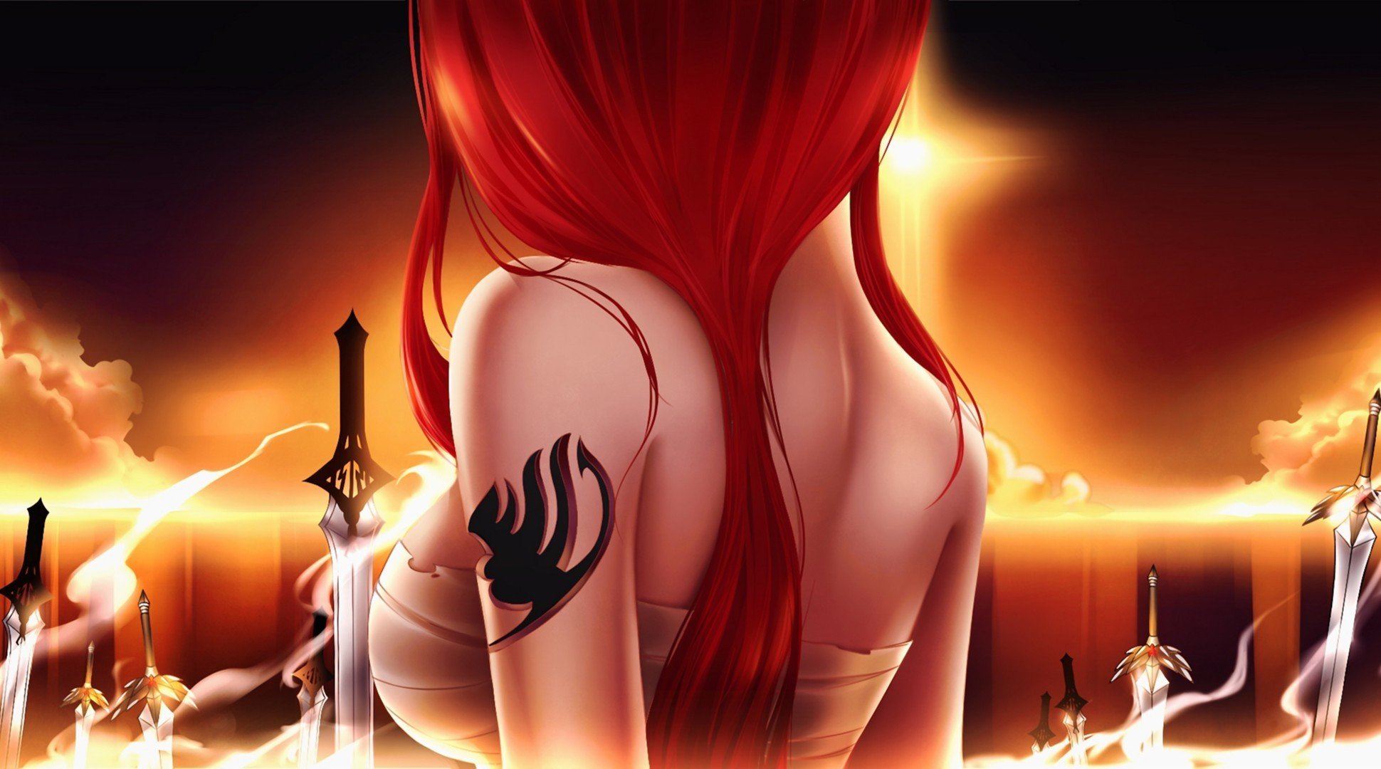 art conte de fées erza scarlet fille tatouage coucher de soleil épée arme