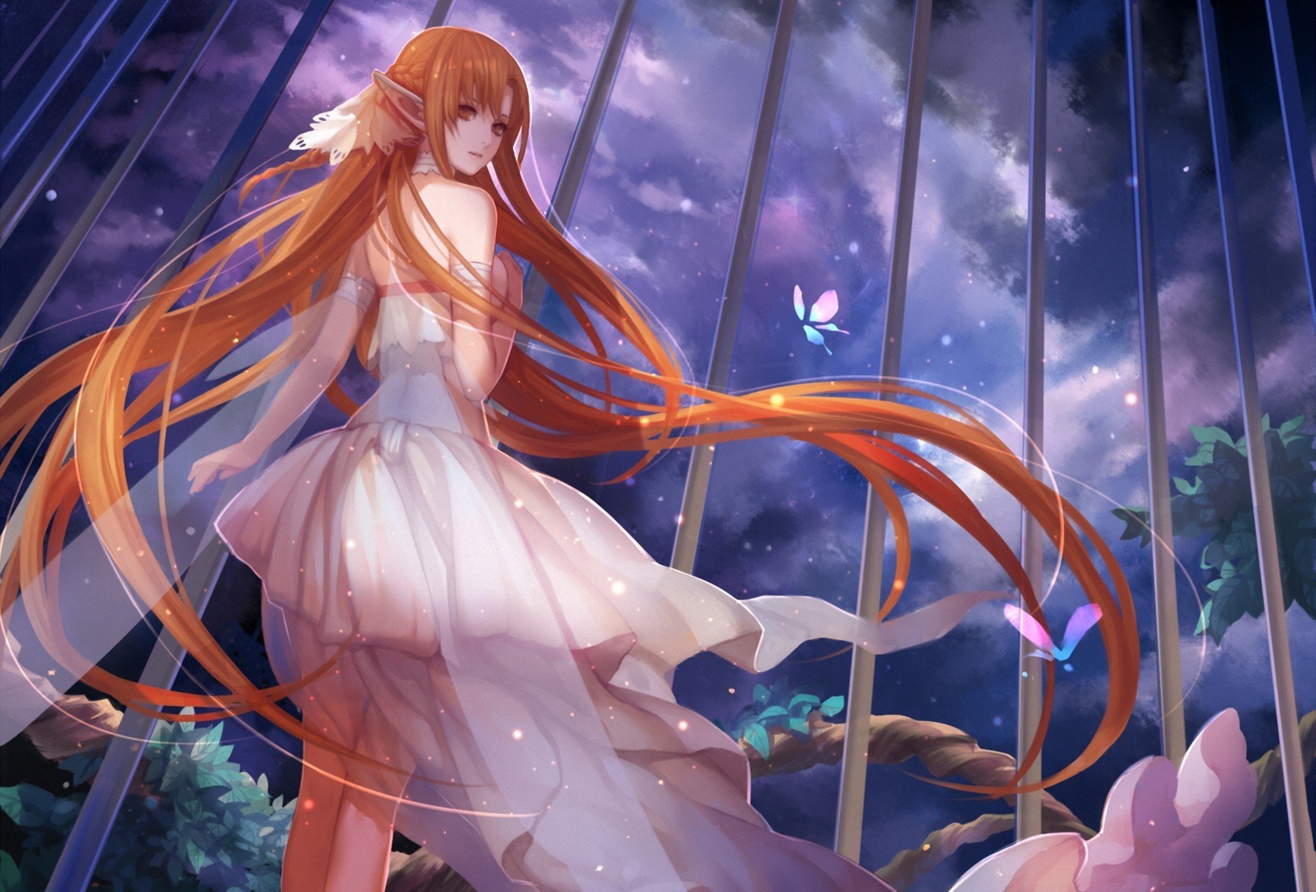 arte asukaziye espada de arte en línea yuki asuna chica orejas vestido noche nubes celosía