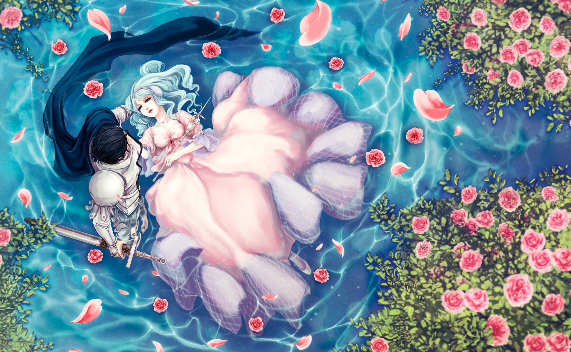 arte nemu magos laberinto de magia manga isaac mustashim duniya chico chica agua flores vista superior rosas pétalos vara espada capa