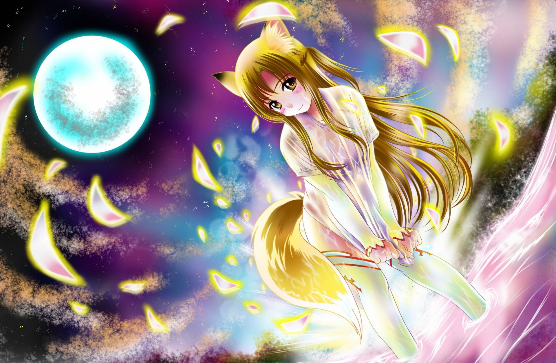 arte aka kitsune anime espada de arte en línea yuki asuna chica noche luna orejas cielo pétalos medias cola naturaleza agua