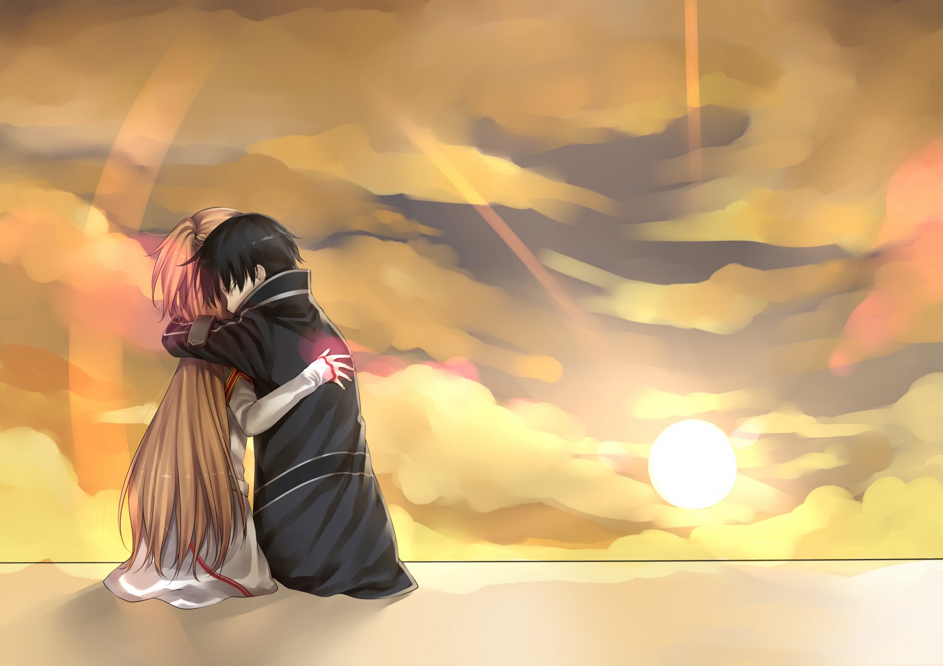 anime sword art online yuuki asuna kirito nashoki girl long hair short hair men brown hair eyes closed absurdres cloud the pair coat hug sun