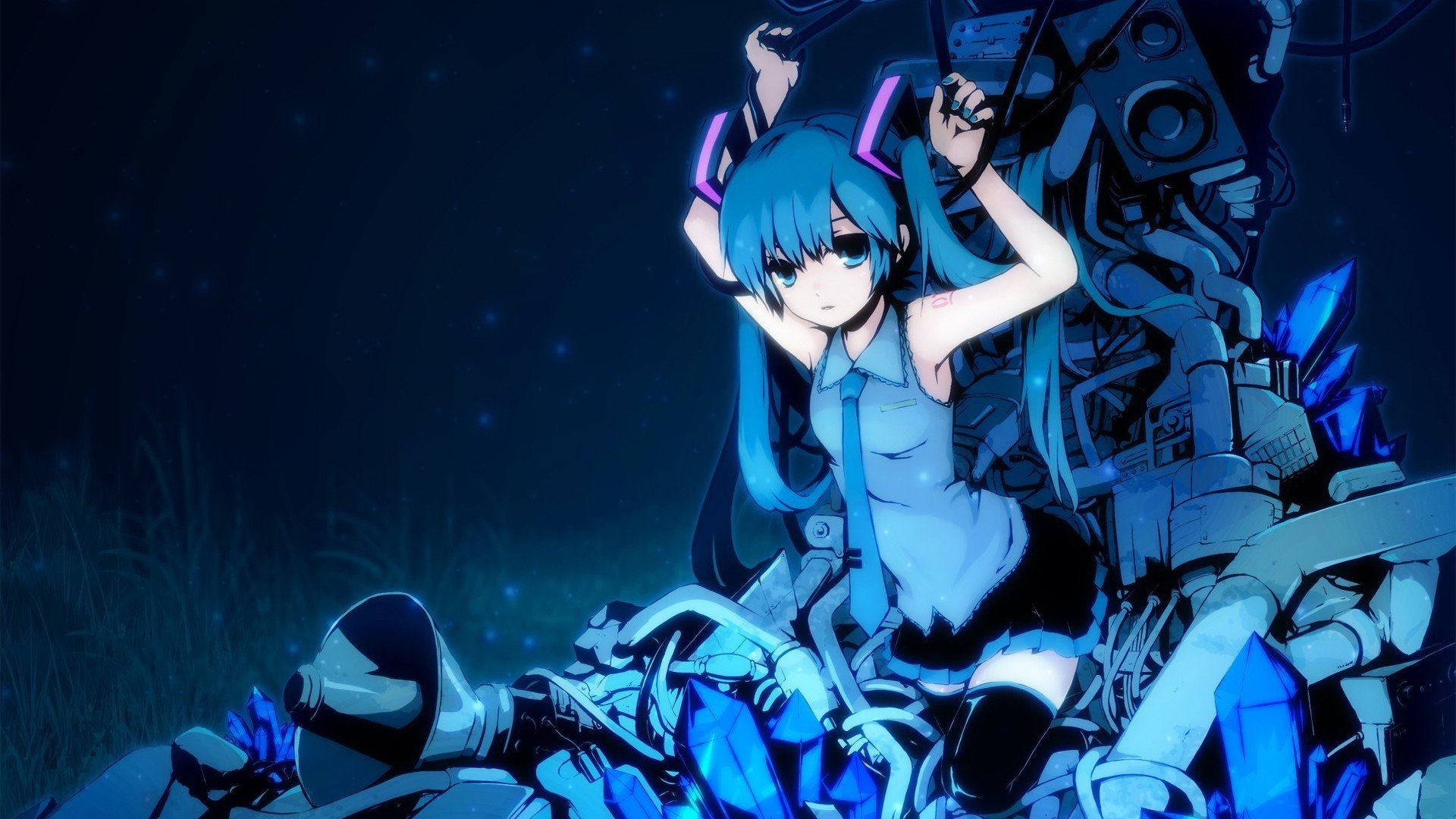 art tomsan vocaloid vocaloid hatsune miku fille haut-parleurs uniforme scolaire nuit anime