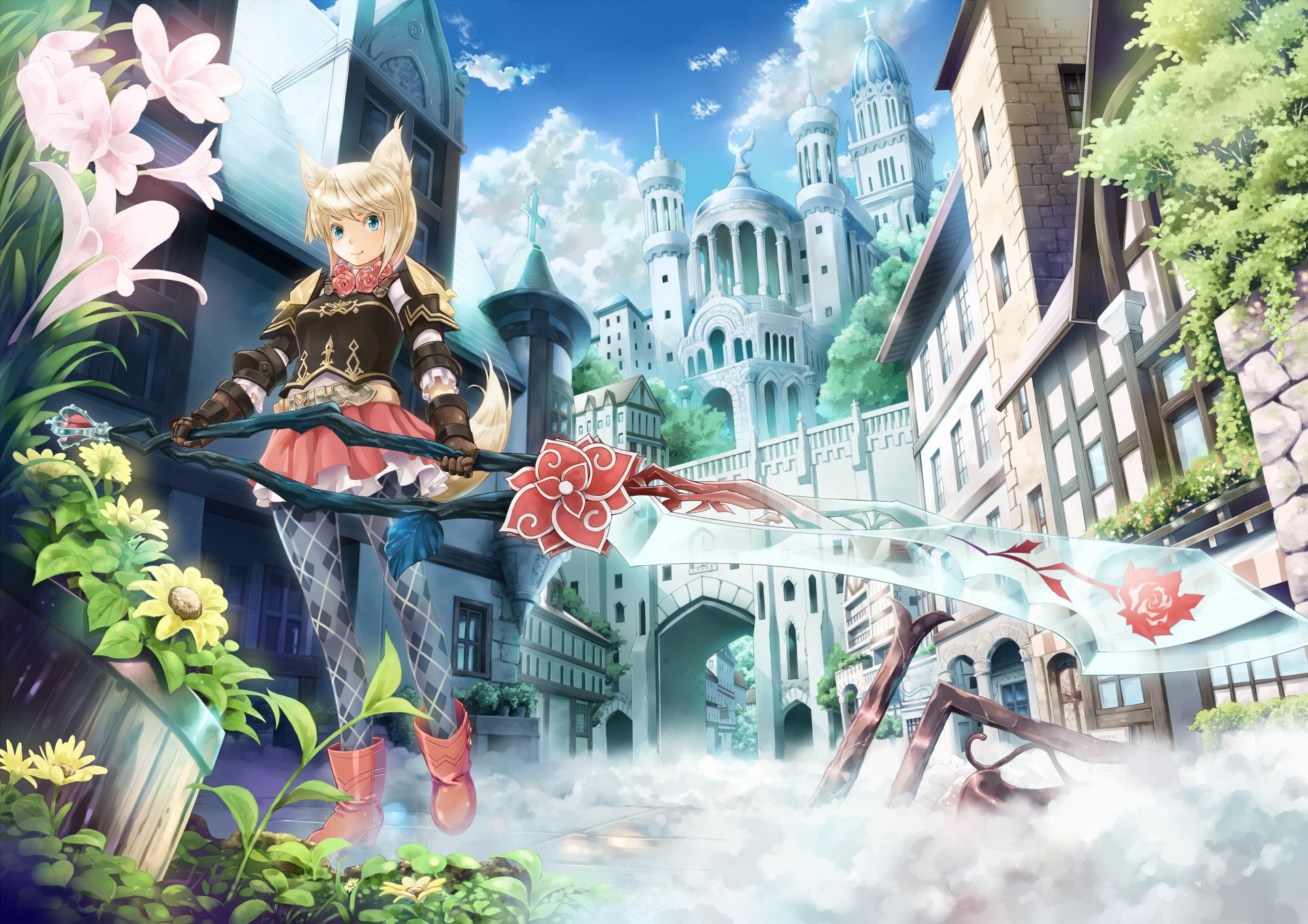 art ryouku girl town sword weapon smoke fog flower one ears crystal castle fantasy