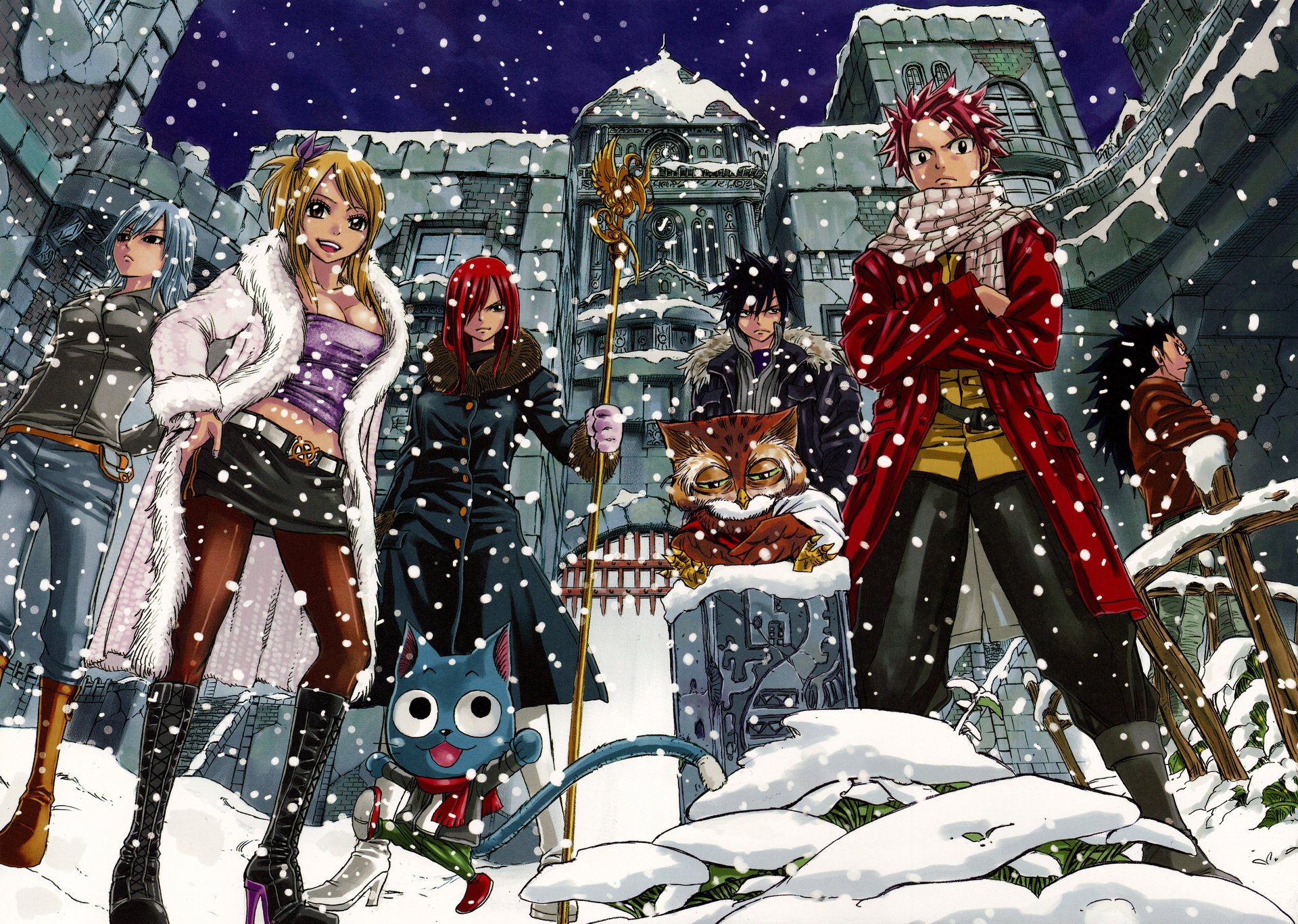 art anime tale about the fairy tail fairy tail lucy heartfilia erza scarlet natsu dragneel gray fullbuster juvia loxar happy gajeel redfox man girls snow