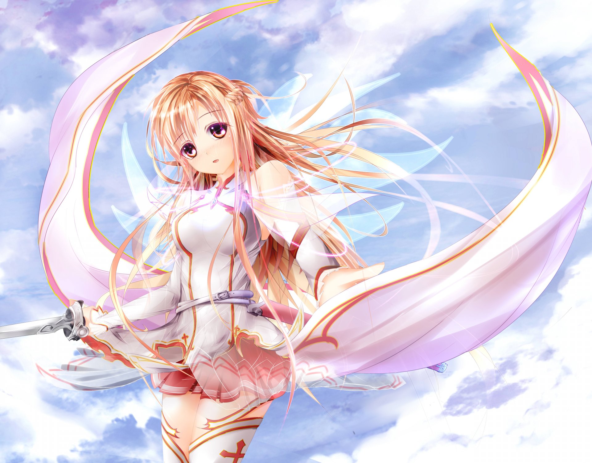 schwert der kunst online yuki asuna mädchen haare blond kleidung rock strümpfe gürtel scheide waffe schwert himmel wolken