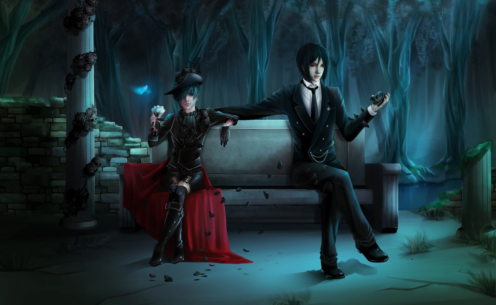 arte kuroshitsuji maggiordomo nero sebastian michaelis sebastian mikaelis demone ciel phantomhive ragazzo ragazzo negozio rosa farfalla petali colonna liana cranio