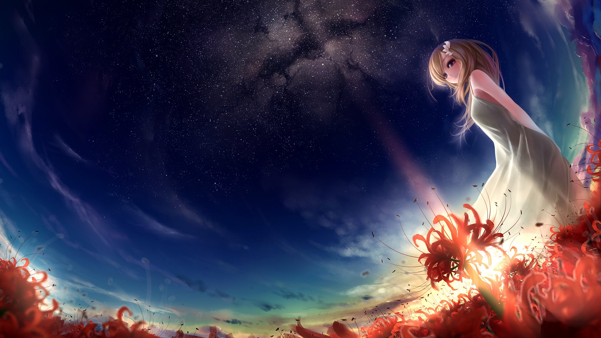 arte munashichi chica campo flores lycoris radiante rojo puesta de sol estrellas