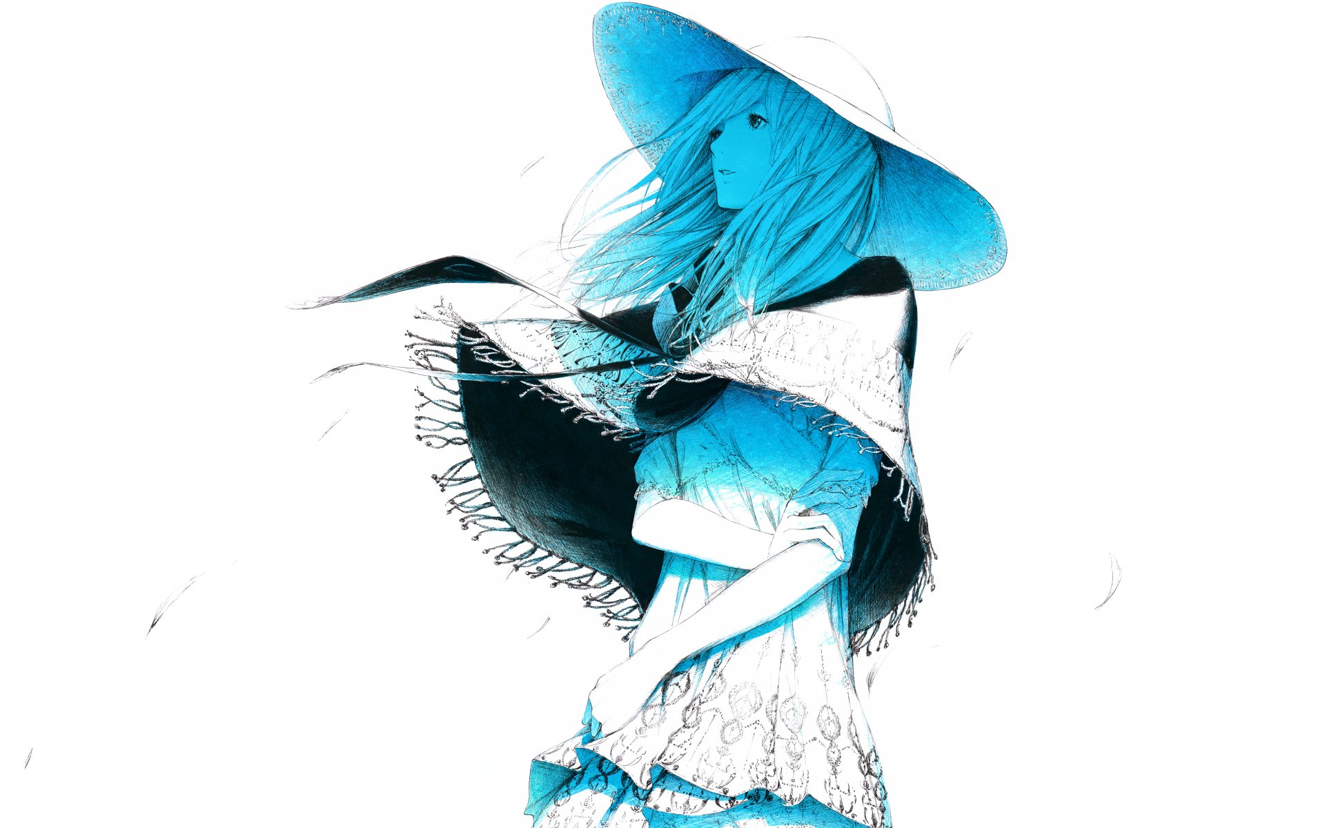 art sawasawa girl wind hat petals blue minimalism