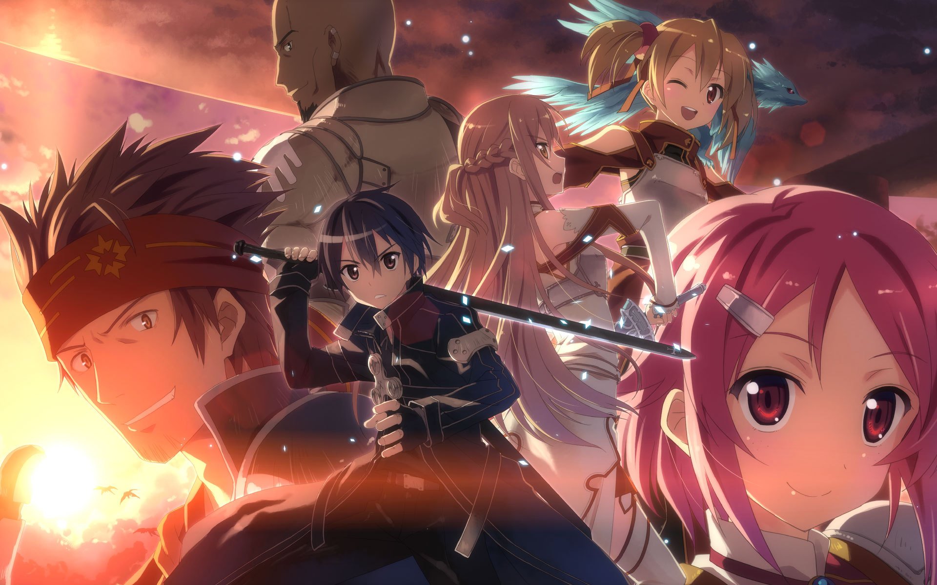 schwert kunst online yuki asuna kirito silizium lisbeth klein aguil yuki tatsuy langes haar kurzes haar hohe auflösung rote augen mann braune haare rosa haare waffe schwert zwinkern drei mädchen haarspange handschuhe zwei pferdeschwanz