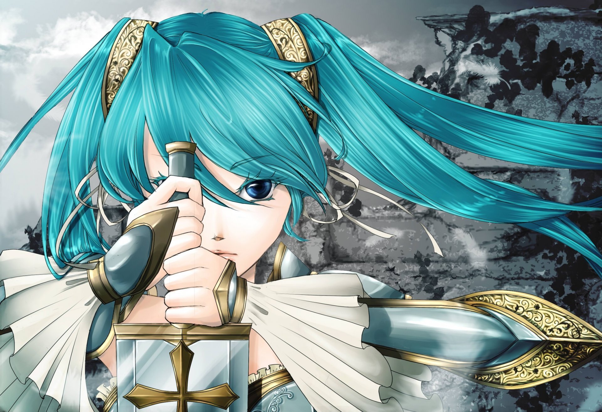 vocaloid vocaloid hatsune miku fille épée lame arme croix queues de cheval visage mains plumes motif chasse