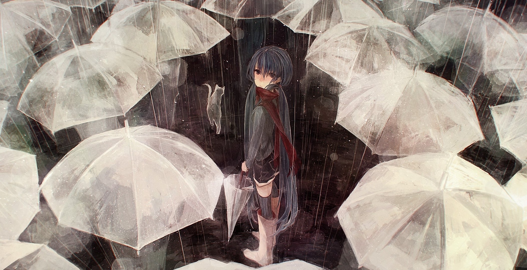 art hatsune miku vocaloid people umbrella umbrellas cat cat rain crowd