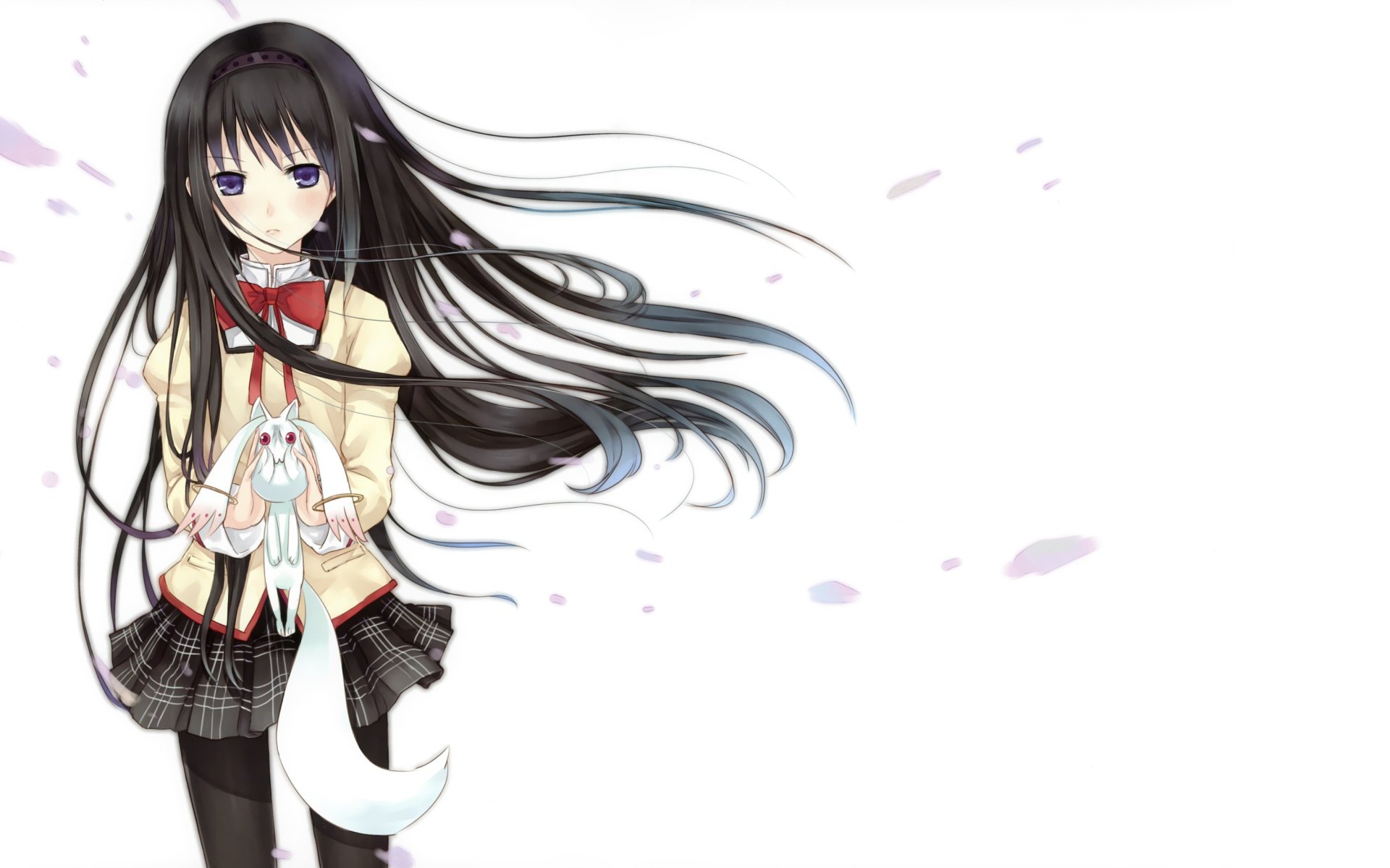 mahou shoujo madoka magica akemi homura kazuharu kina kyubey anime girl white background petals long hair skirt purple eye