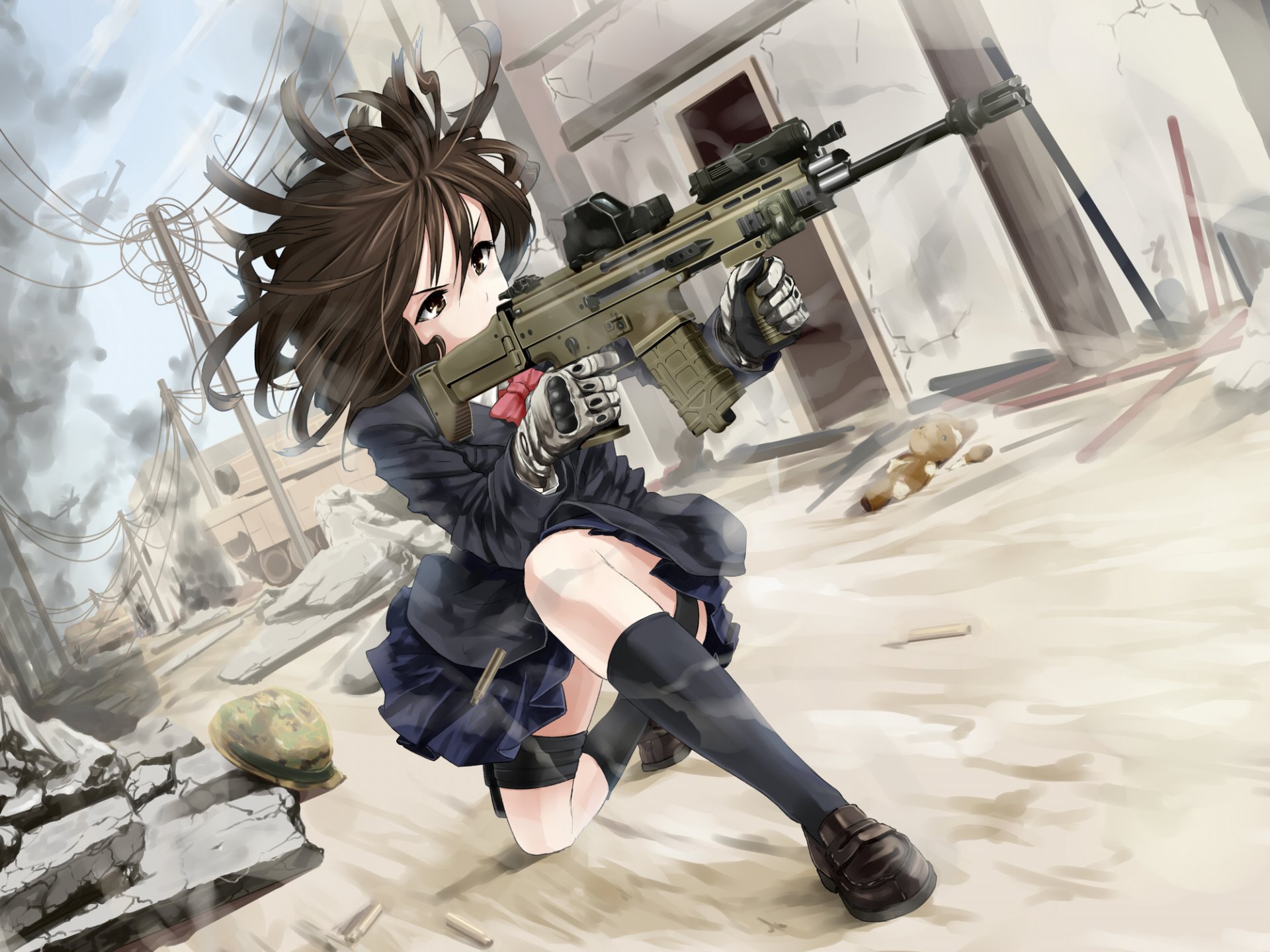 arte omaru09 chica uniforme armas ametralladora ruinas polvo