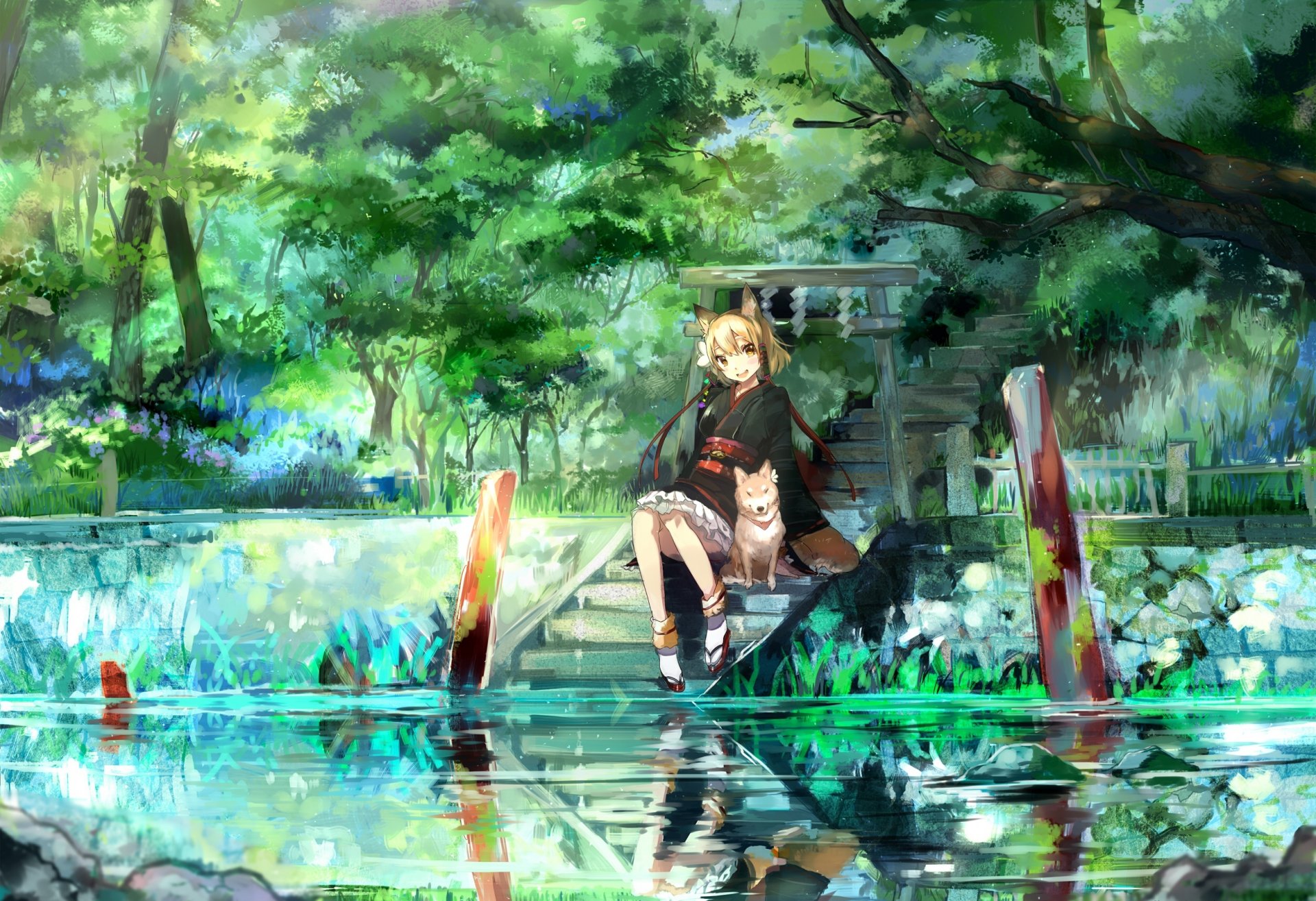 art ume anime girl dog river nature tree a step stair