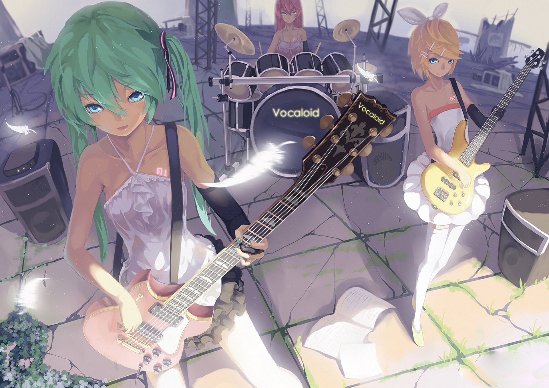 vocaloid hatsune miku megurine luka kagamine rin dziewczyny gra gitara perkusja pióra