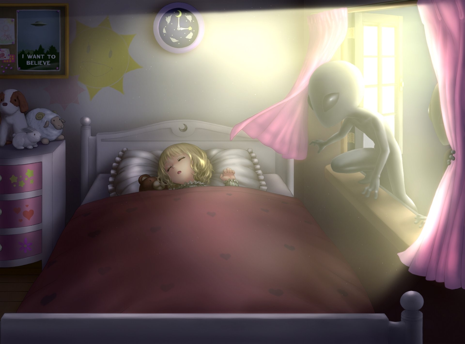 art fille dormir nuit lit ovni alien lumière horloge jouets affiche fenêtre