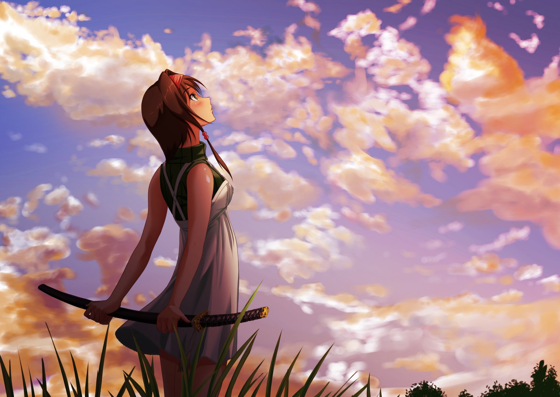 art girl landscape katana sword sky clouds gra