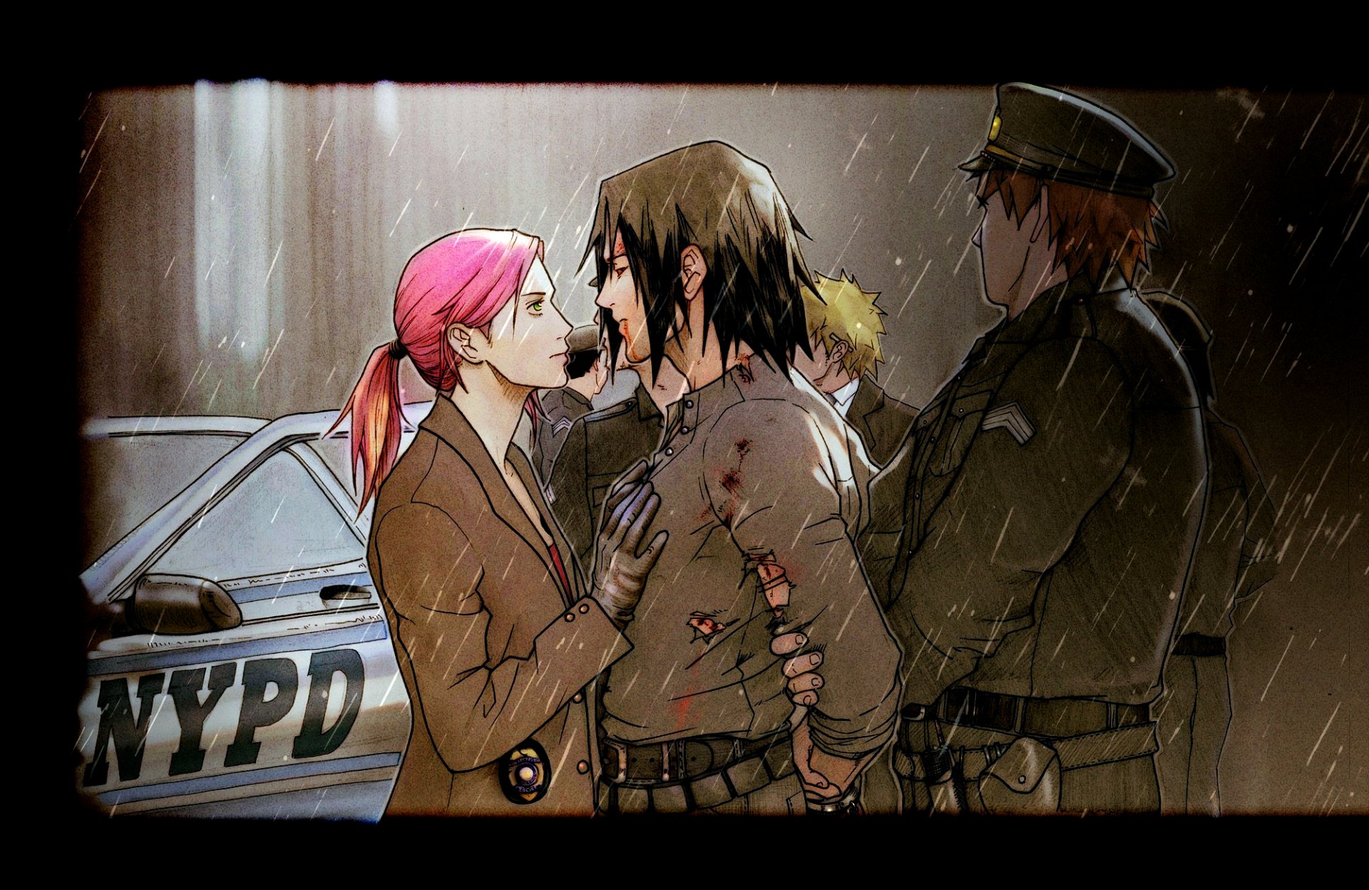 Naruto Uzumaki fan art Sakura Haruno Sasuke Uchiha rain police