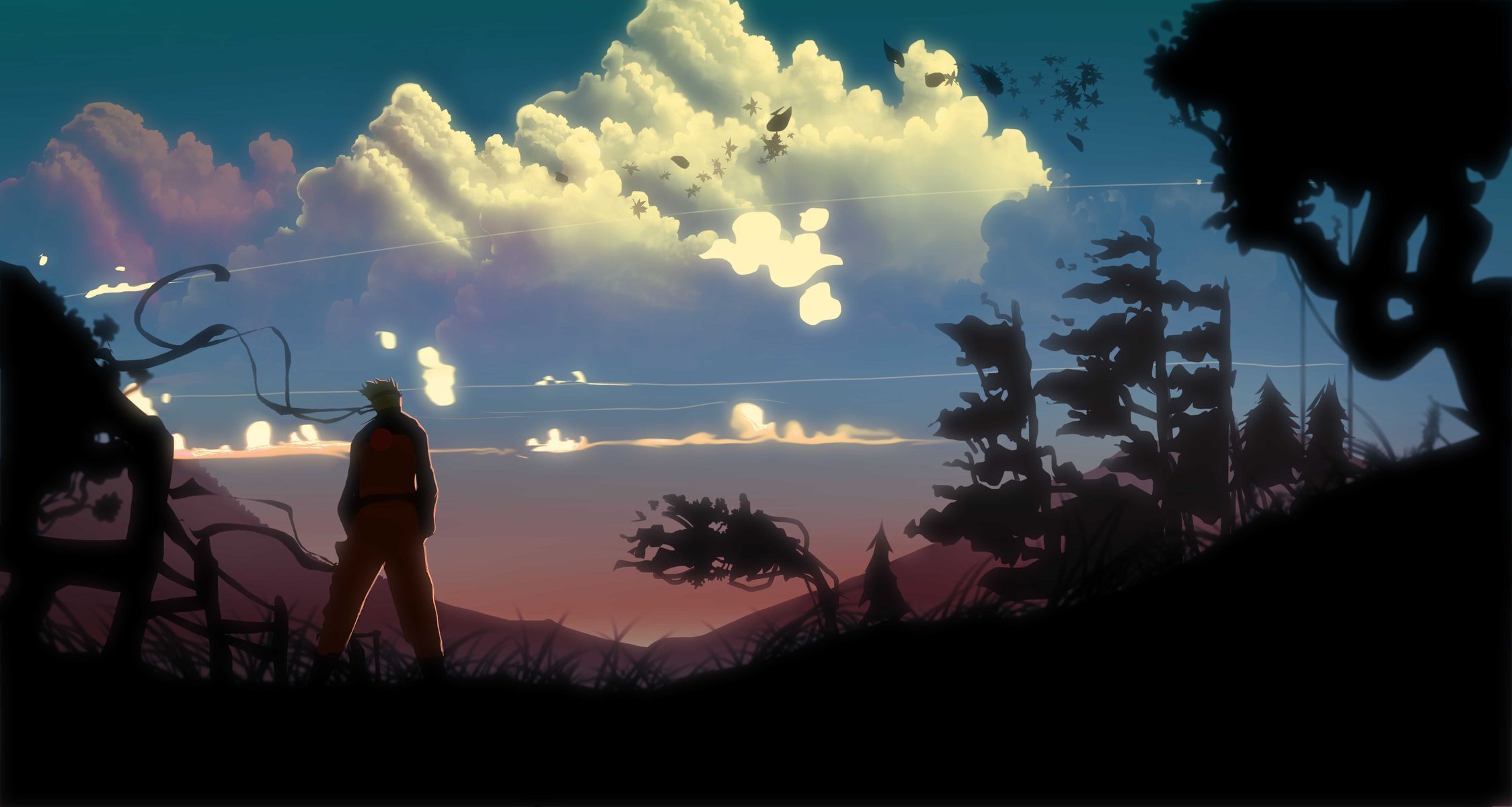 art naruto guy back landscape tree clouds wind