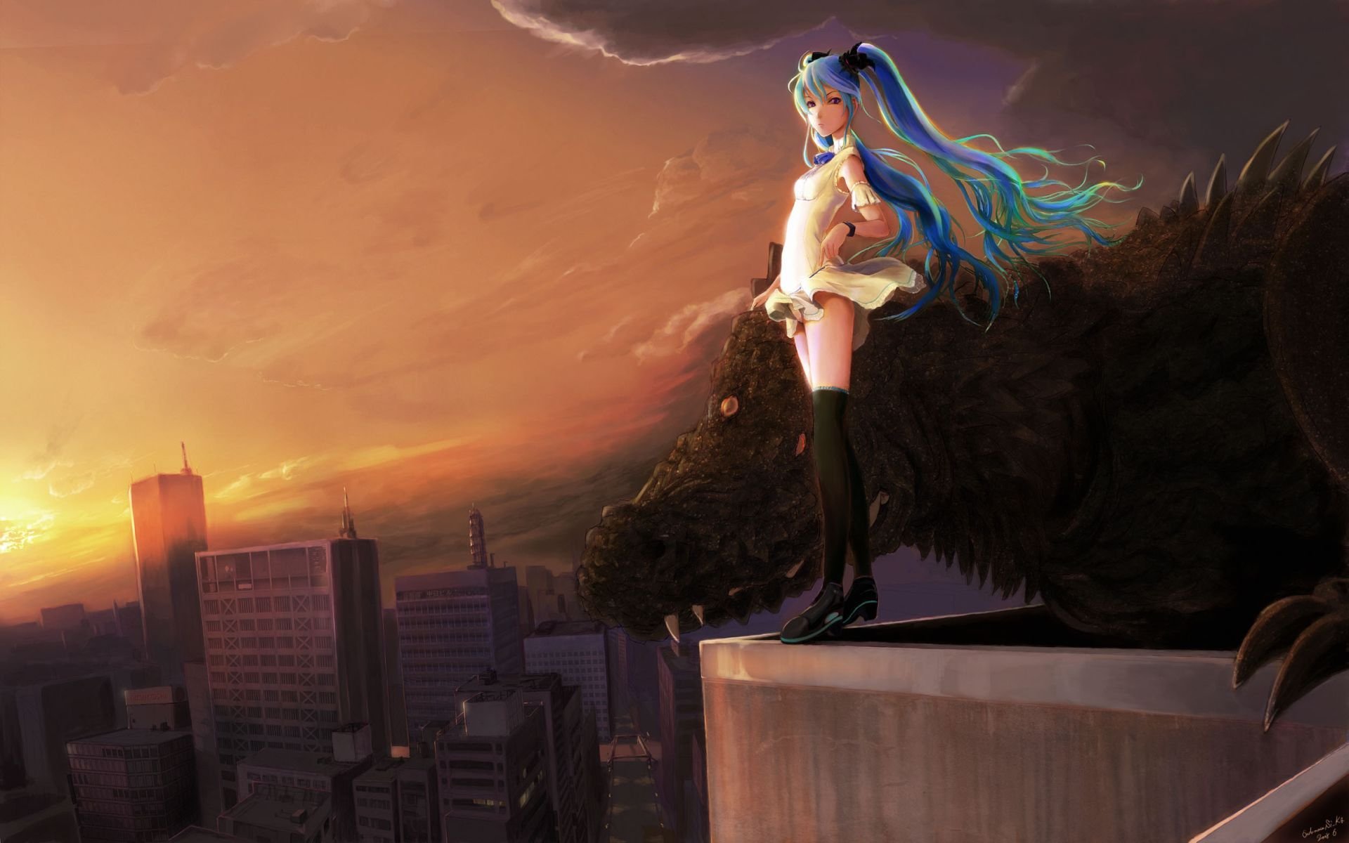 hatsune miku vocaloid fille ville lézard monstre coucher de soleil