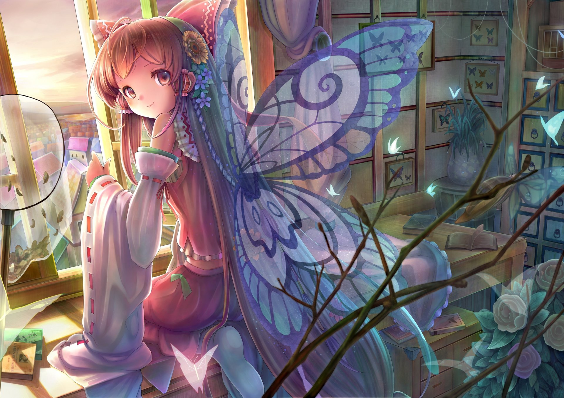 art sanntouhei touhou hakurei reimu fille assis ailes papillons chambre fenêtre table livre fleurs sourire