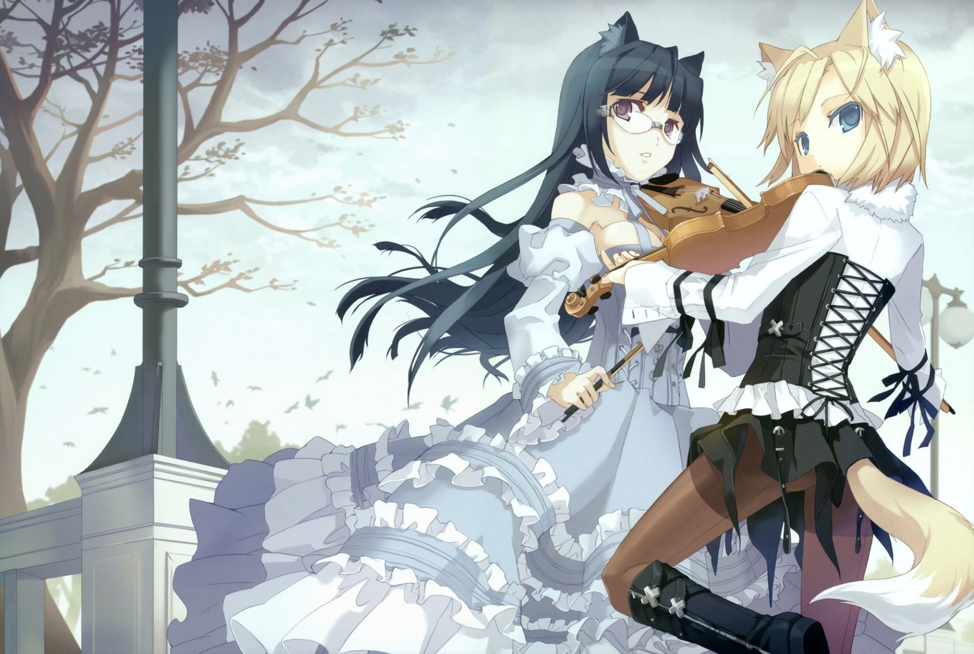 anime girls violin ears tails tree h2so4 tokyo cpe-gothic