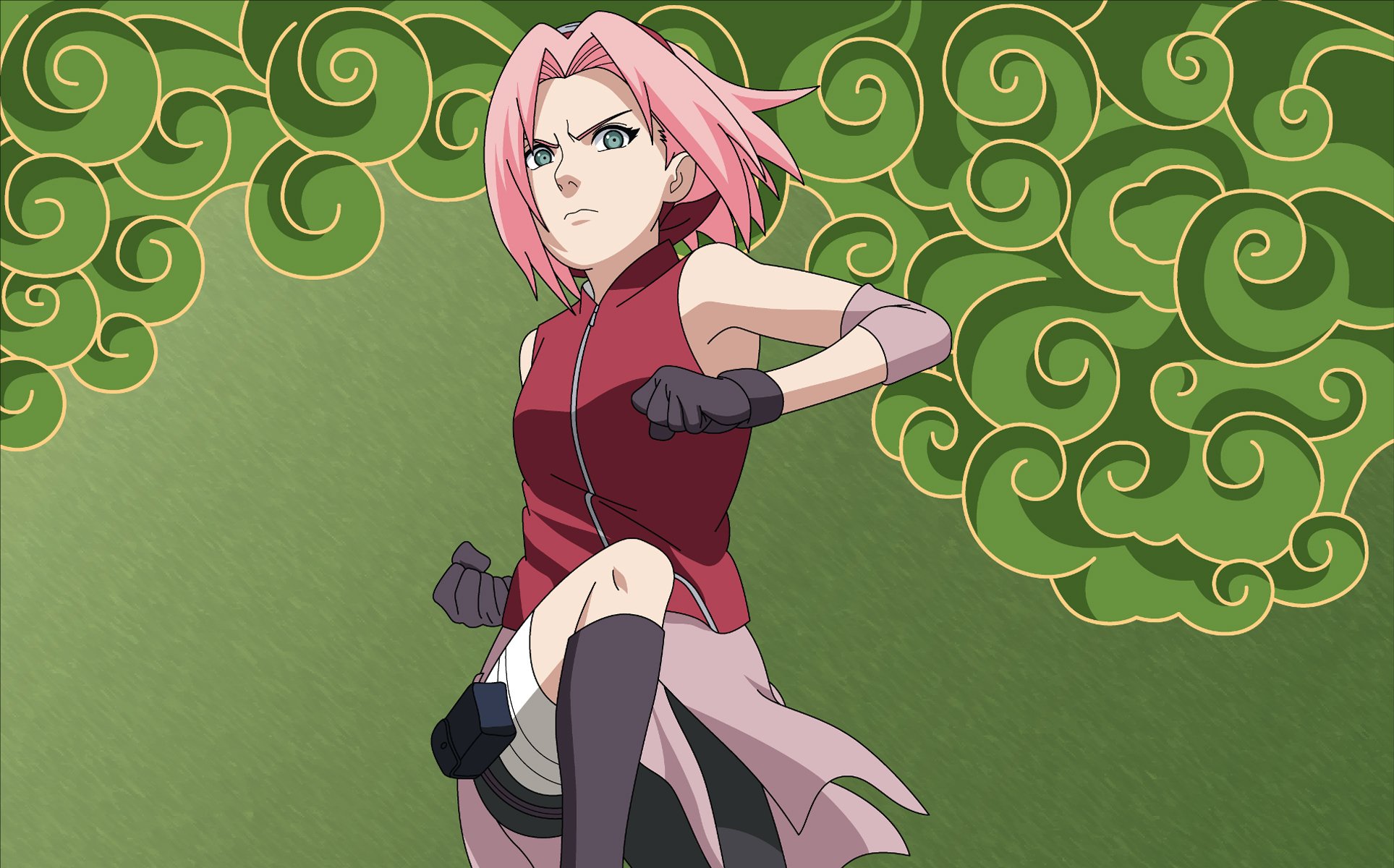 naruto sakura haruno skok opaska rękawiczki pięści różowe włosy