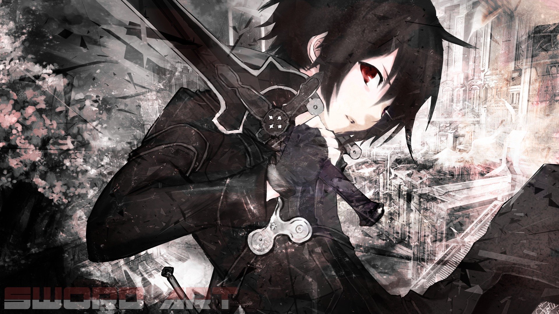 word art online kirito sword black cloak black hair view