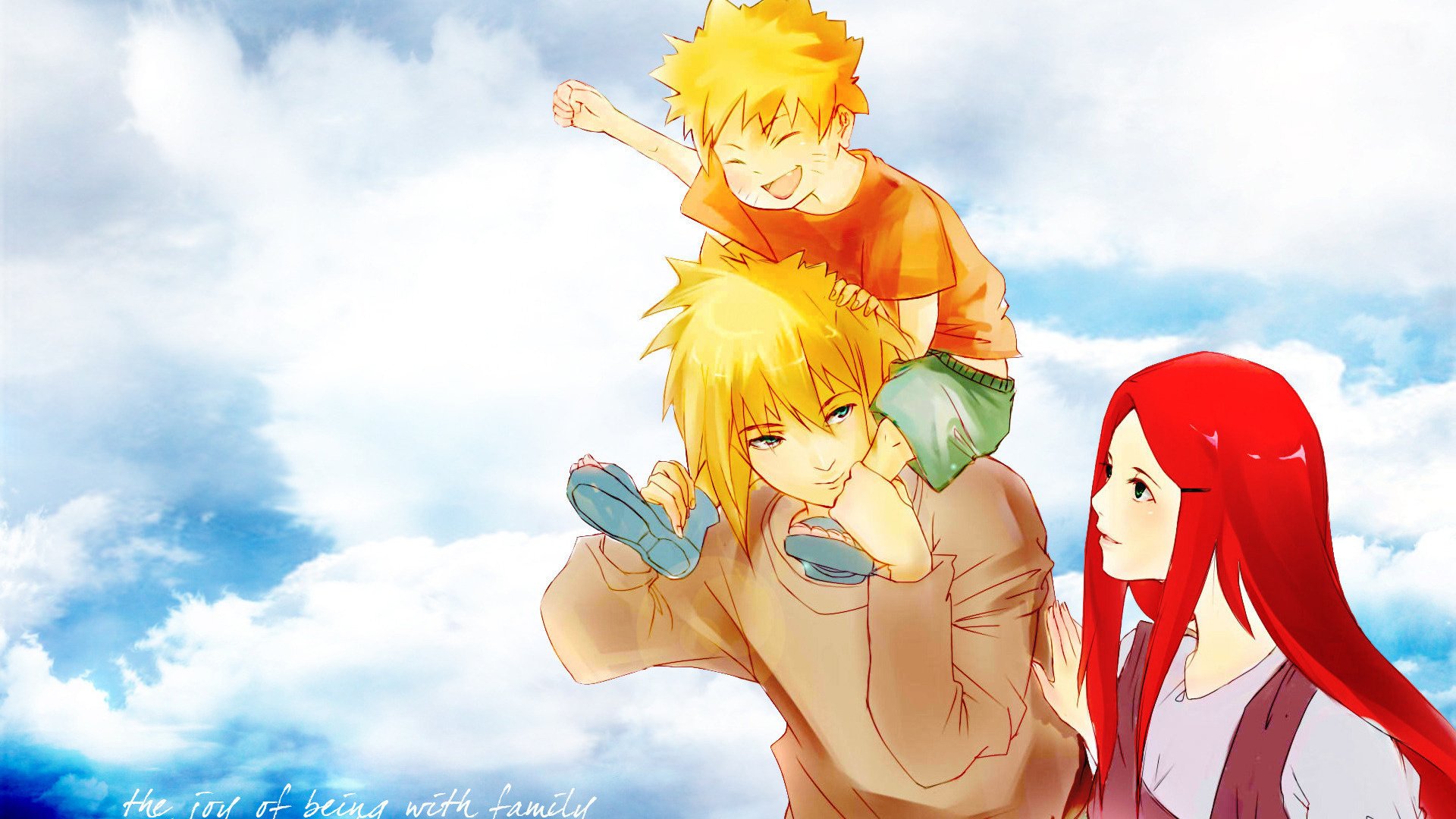 anime naruto art naruto uzumaki uzumaki naruto uzumaki kushina namikaze minato namikaze minato sky sunny day family yondaime hokage smile love