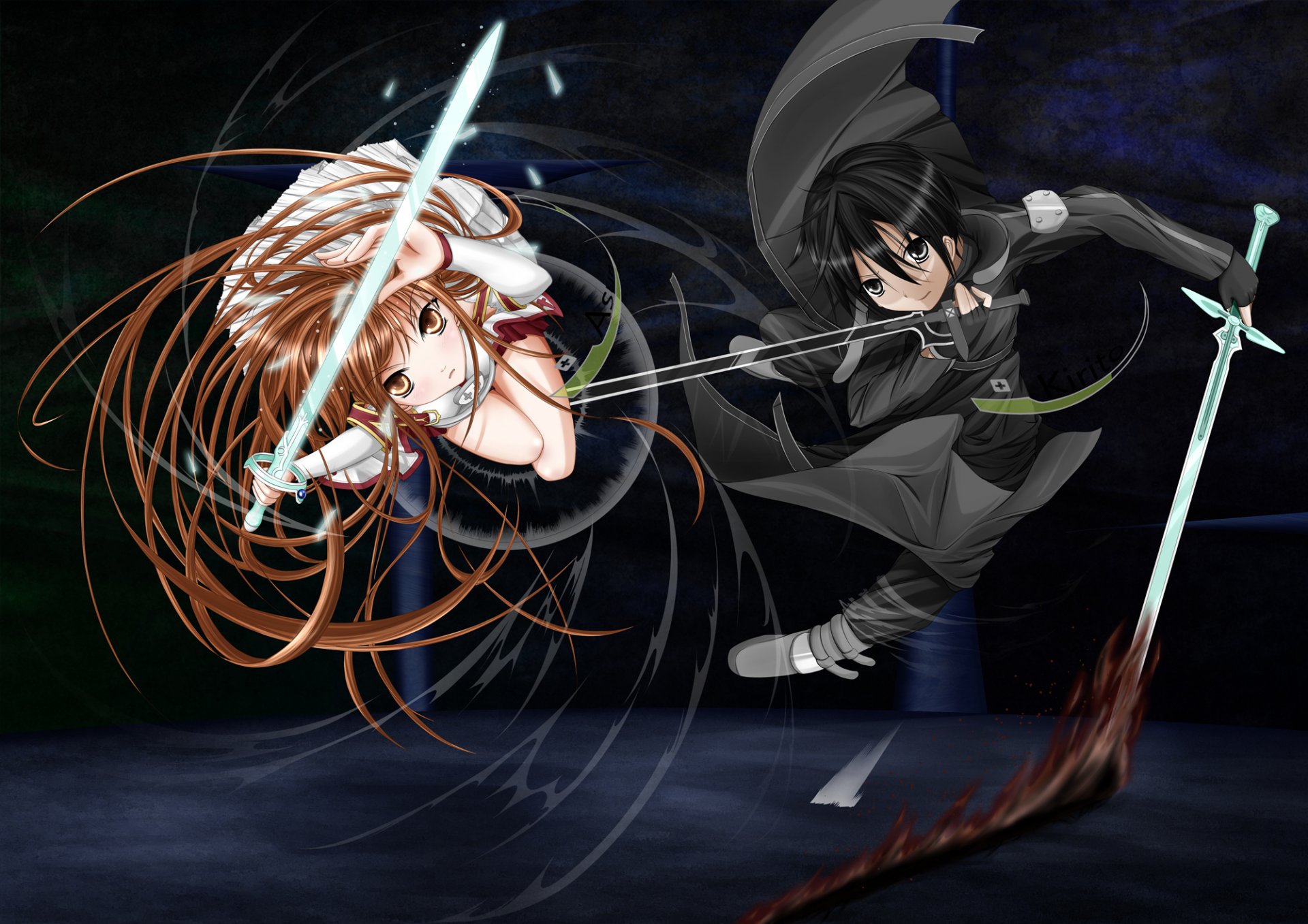 anime sword art online yuuki asuna kirito girl long hair short hair highres men brown hair brown eyes weapon sword black eyes coat battle