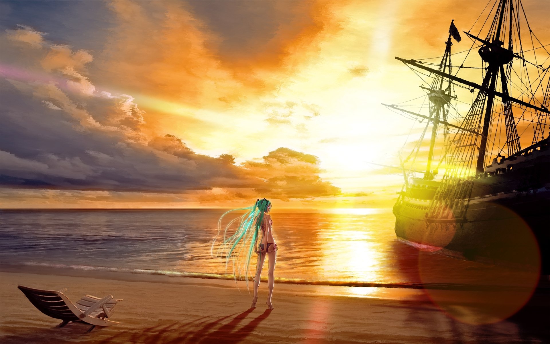 anime mika vocaloid.puesta de sol arena tumbona barco mar nubes chica