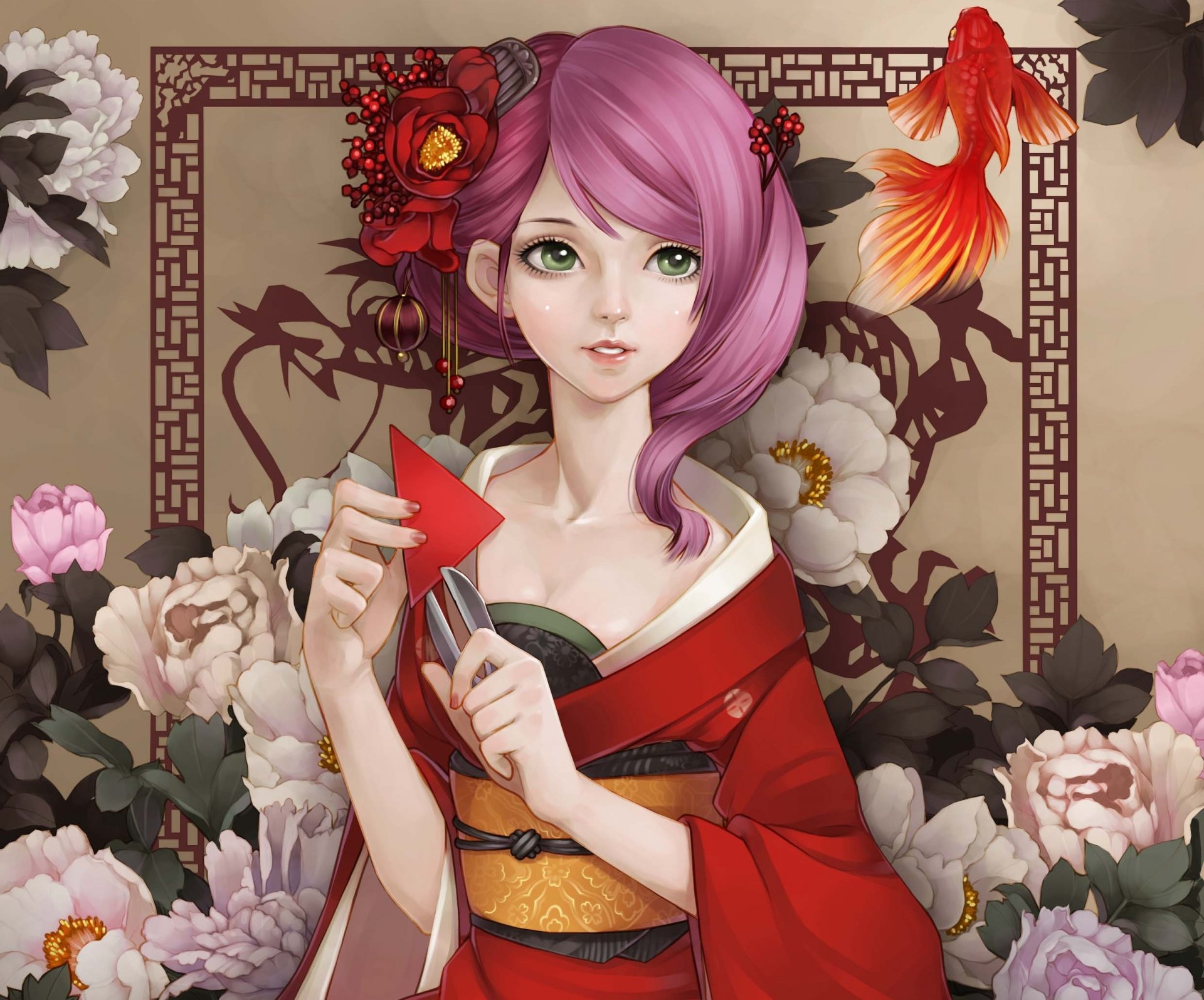 art dong xiao girl flowers peonies fish goldfish kimono paper scissor