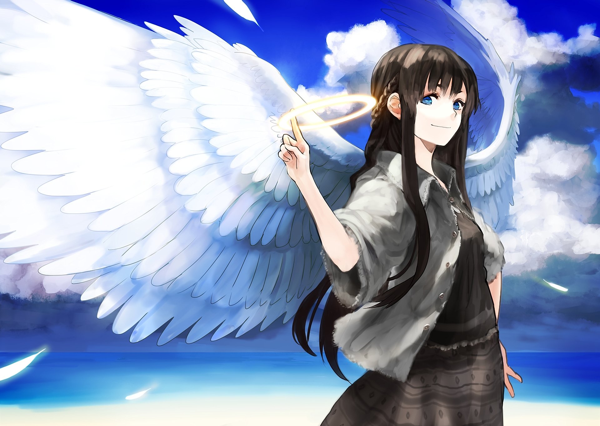 art chirigami-san fille ange ailes nimbus mer nuages