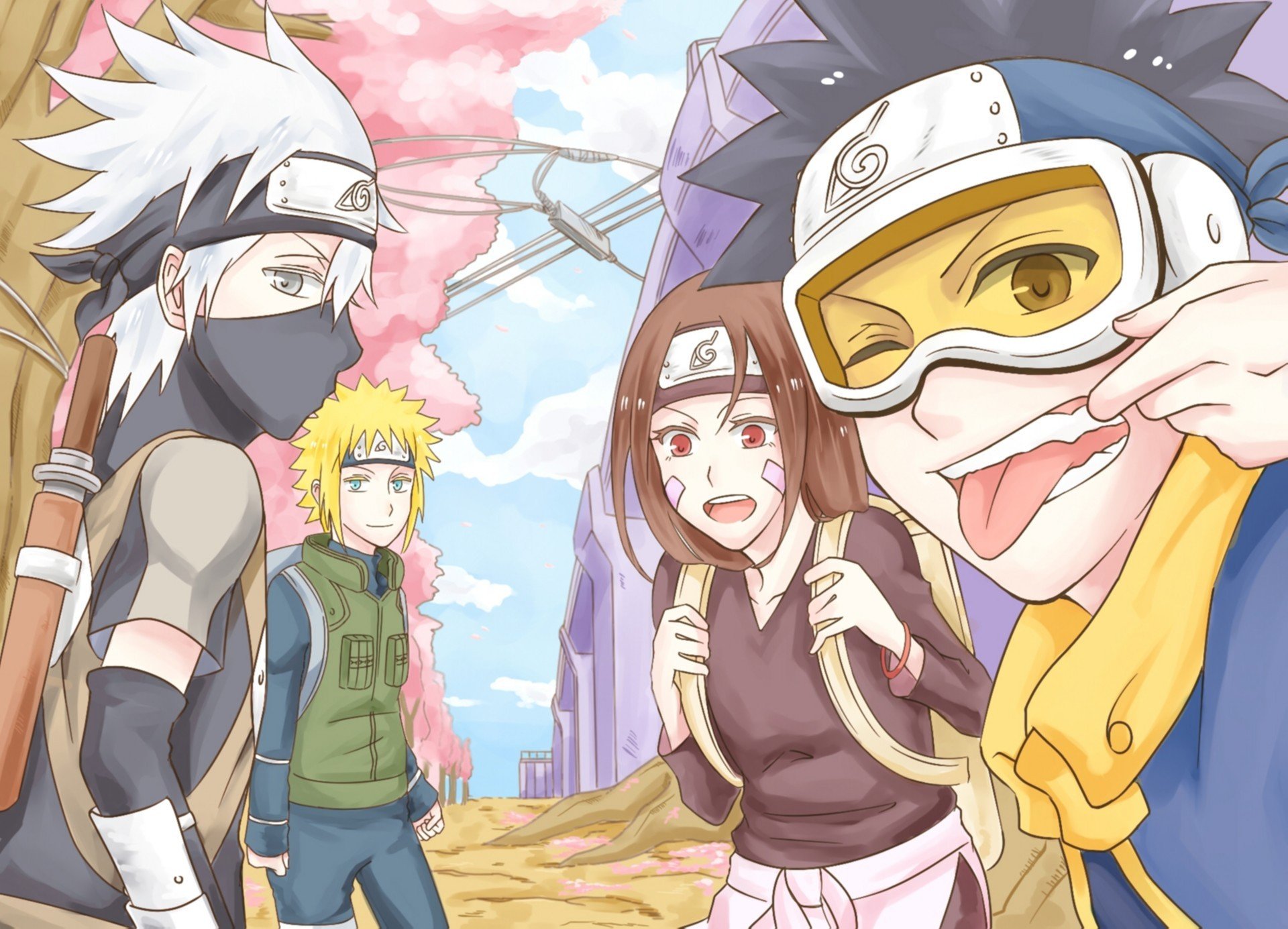 art naruto hatake kakashi namikaze minato uchiha obito rin chłopaki dziewczyna maska język wink