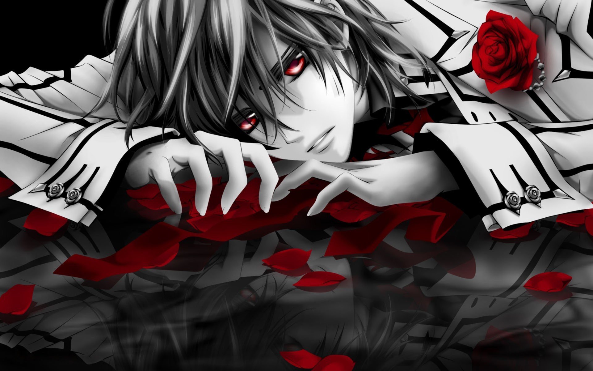 arte caballero vampiro caballero vampiro kuran kaname kuran kaname vampiro pura sangre monocromo superficie reflexión rosas pétalos ojos rojos