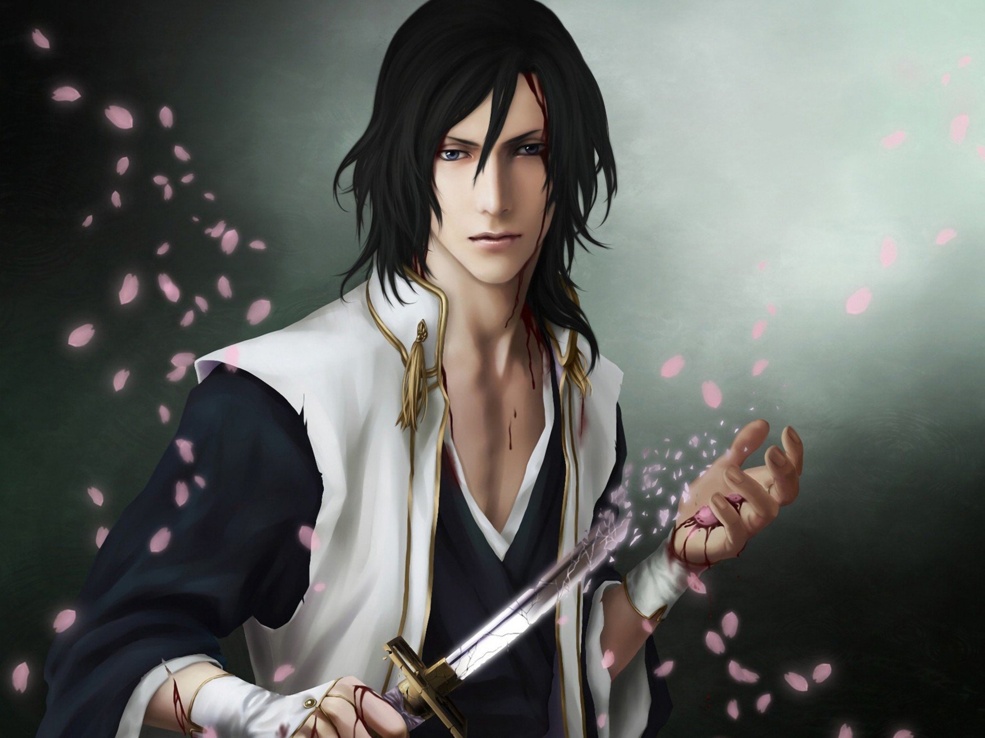 art zetsuai89 byakuya kuchiki eau de javel gars poignard sang éclats pétales