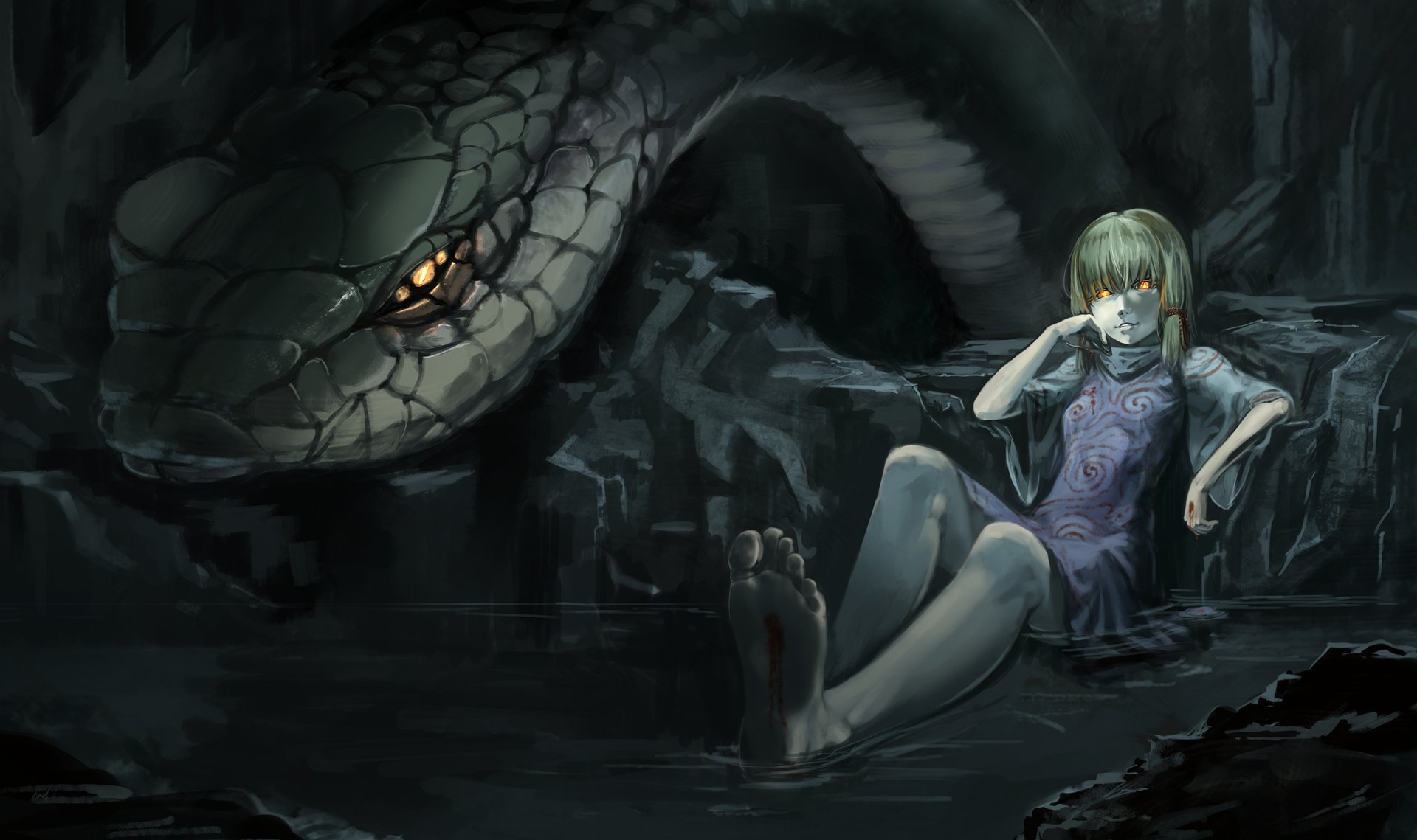 moria suwako touhou dziewczyna wąż wąż woda jaskinia krew płonące oczy