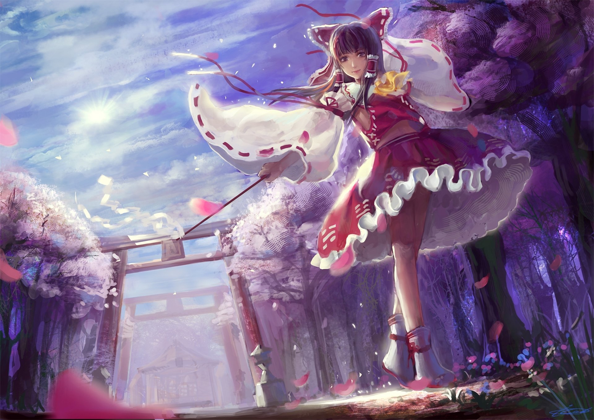 touhou hakurei reimu girl gate tree petals bow art