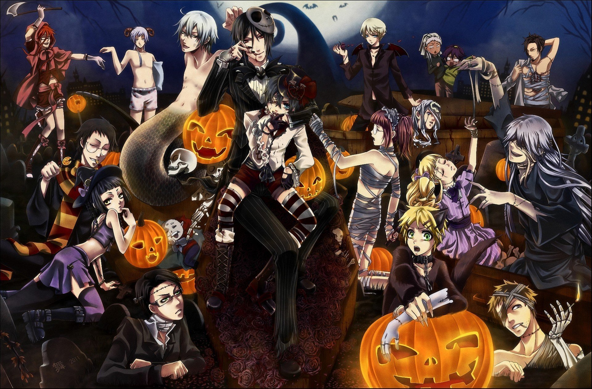 kunst kuroshitsuji halloween dunkler butler halloween feiertag kürbisse schädel nacht mond bandagen mumie