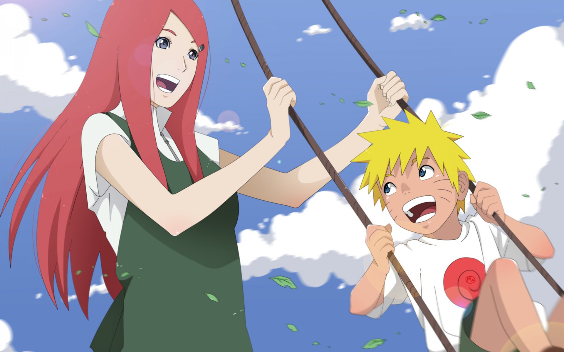 anime naruto uzumaki naruto uzumaki kushina uzumaki kushina swing cielo día soleado sonrisas shchastye