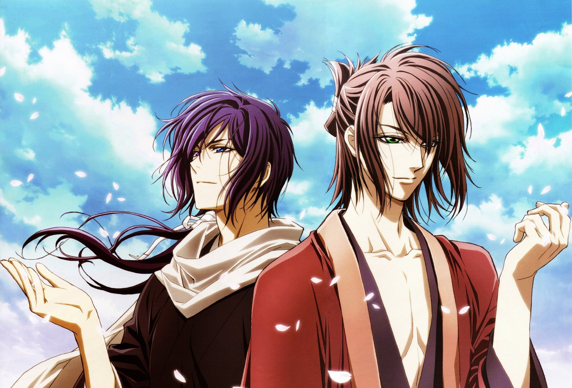 hakuouki shinsengumi kitan okita souji saito hajime demonios de sakura pálida samurai saito okita chicos pétalos sakura cielo nubes viento