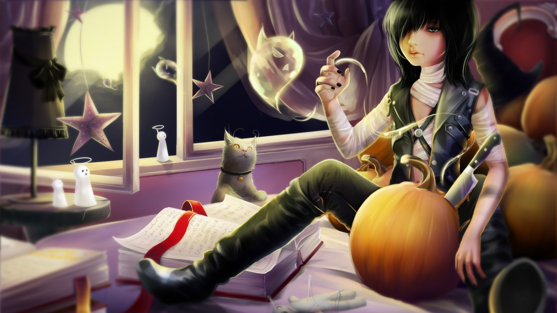 art halloween guy room cat books bandages window moon knife pumpkin record belt stars spirit ghost