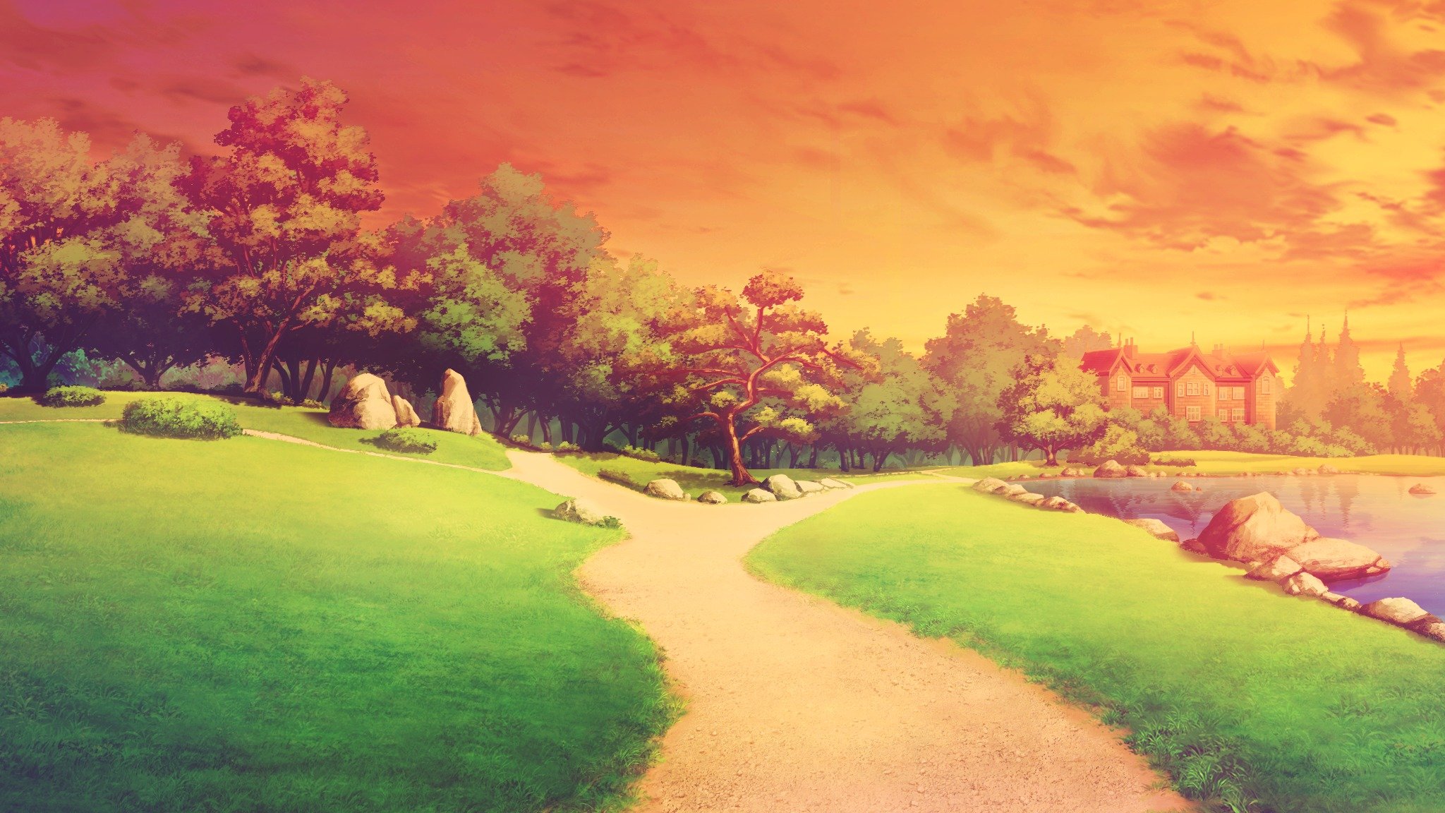 anime art landscape nature sunset shinsei ni shite okasubekarazu