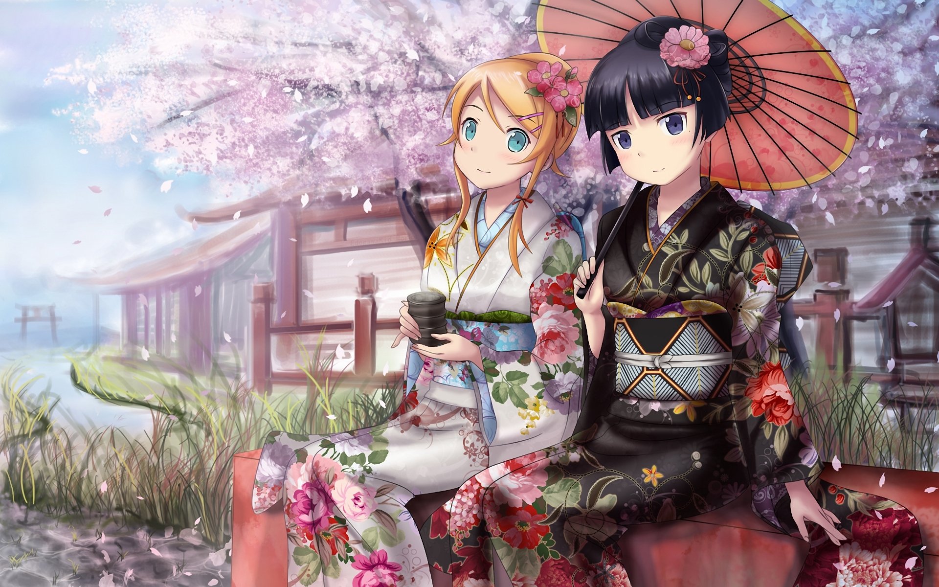 mineral no imouto ga konnani kawaii inquietante ga n niñas kimono té paraguas paraguas sakura río pétalos