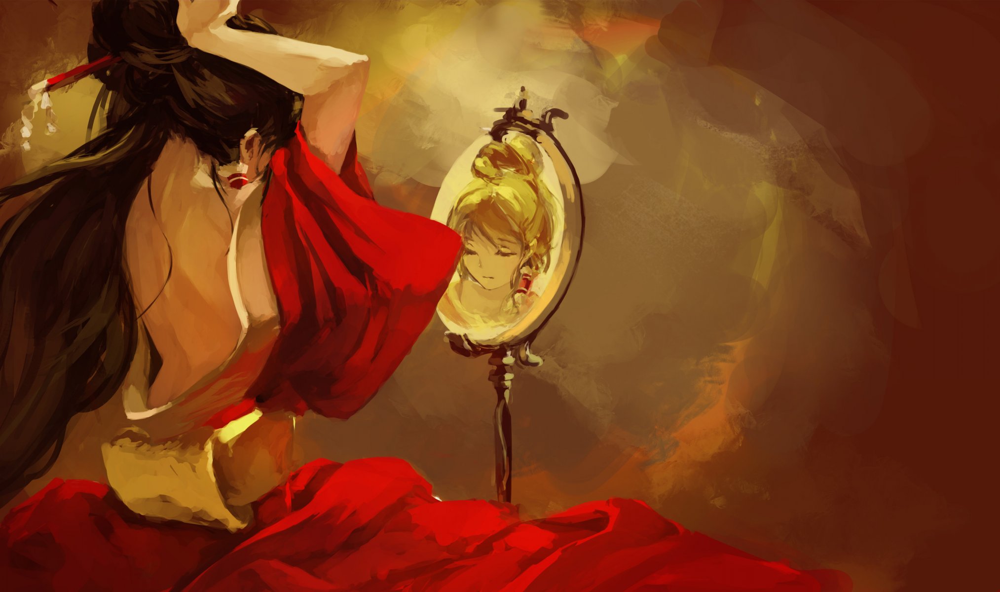 arte yaozhiligenius touhou hakurei reimu chica espalda espejo reflexión vestido rojo