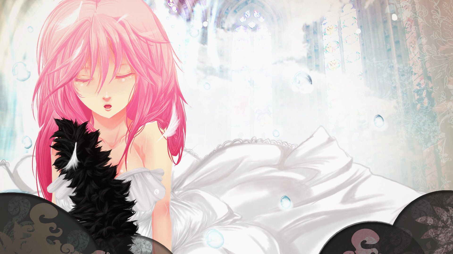 picture guilty crown yuzuriha inori girl feathers dress pink hair pattern